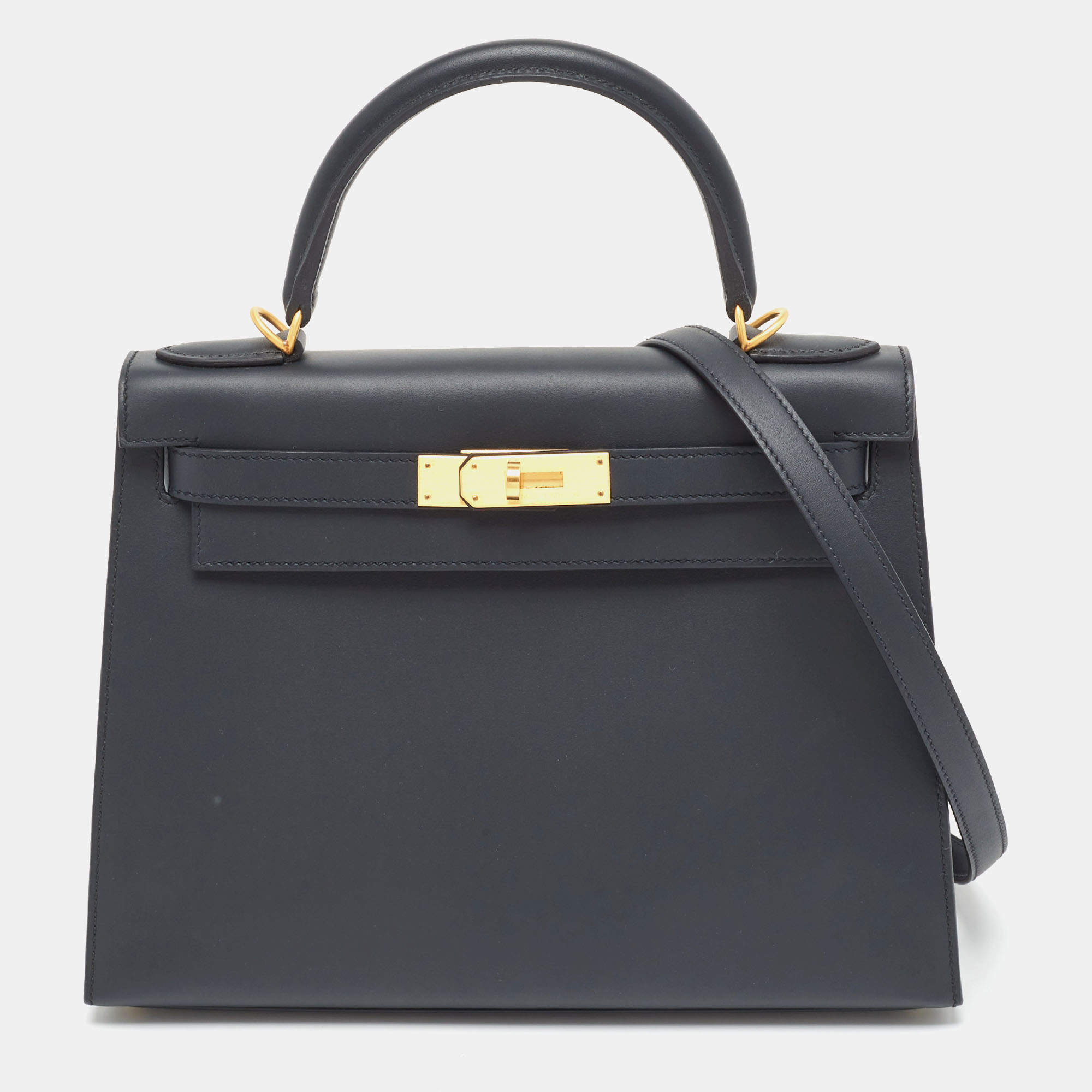 Hermes Bleu Obscure/Rouge H Sombrero Leather Brushed Gold Finish Kelly Sellier 28 Bag