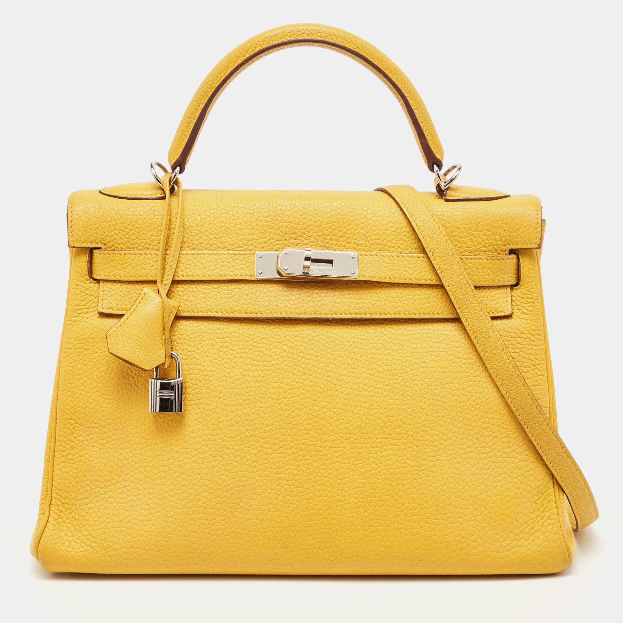 Hermes Jaune Togo Leather Palladium Finish Kelly Retourne 32 Bag