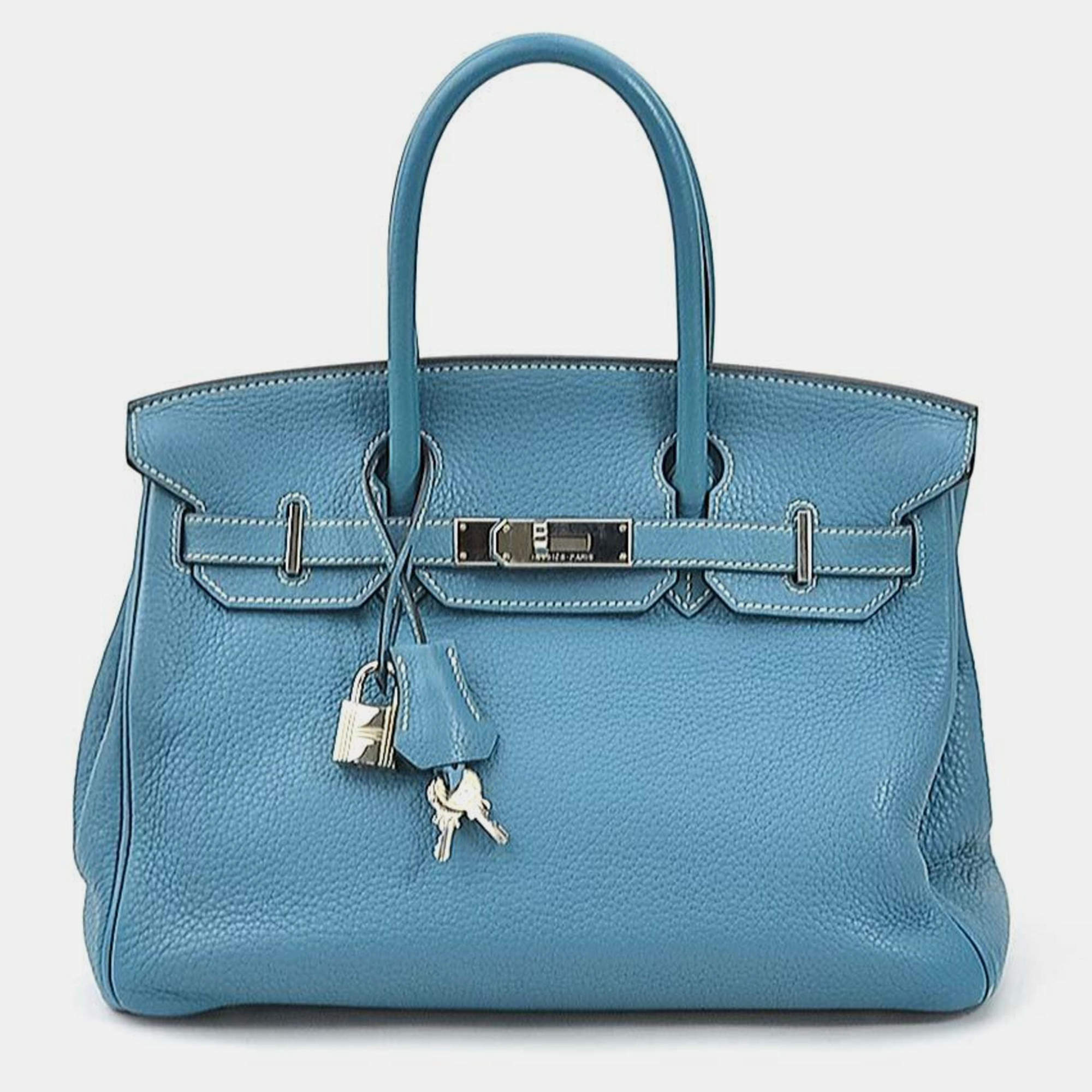 Pre Owned Hermes Handbag Birkin 30 Taurillon Clemence Turquoise Silver Ladies