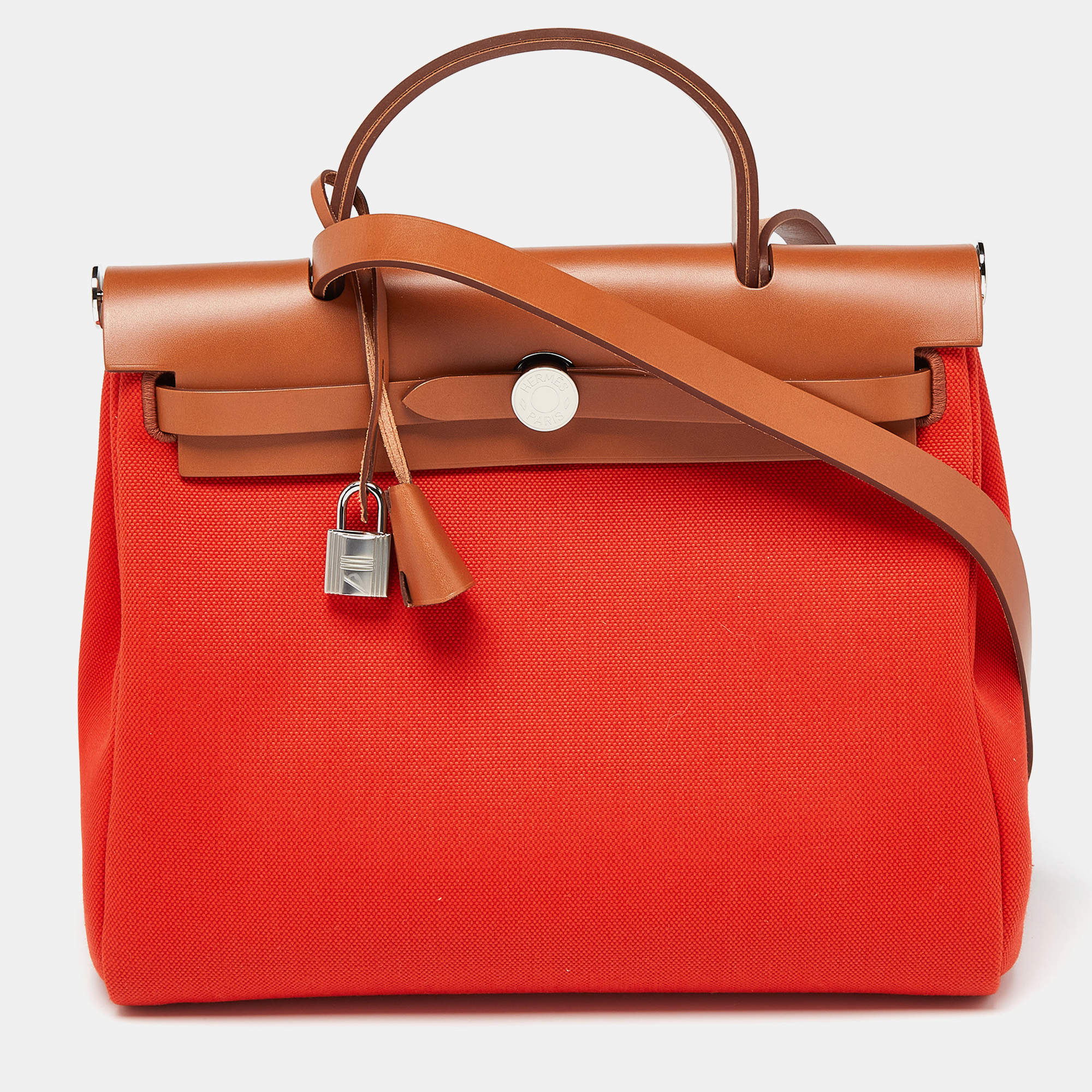 Pre Owned Hermes Orange/Fauve Canvas and Leather Herbag Zip 31 Bag