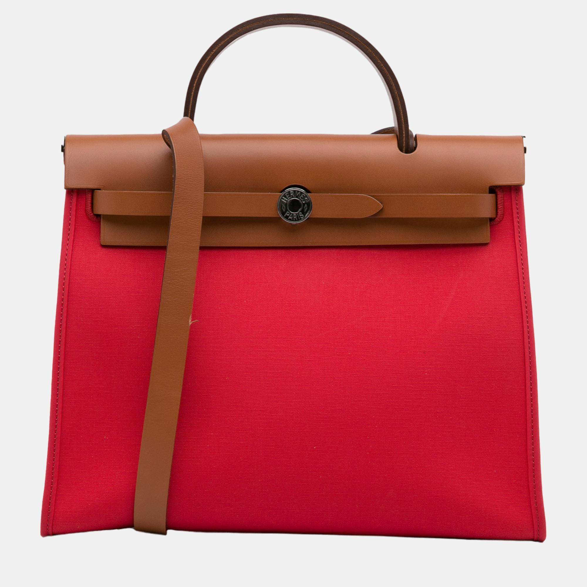 Pre Owned Hermes Red Toile Herbag Zip 31