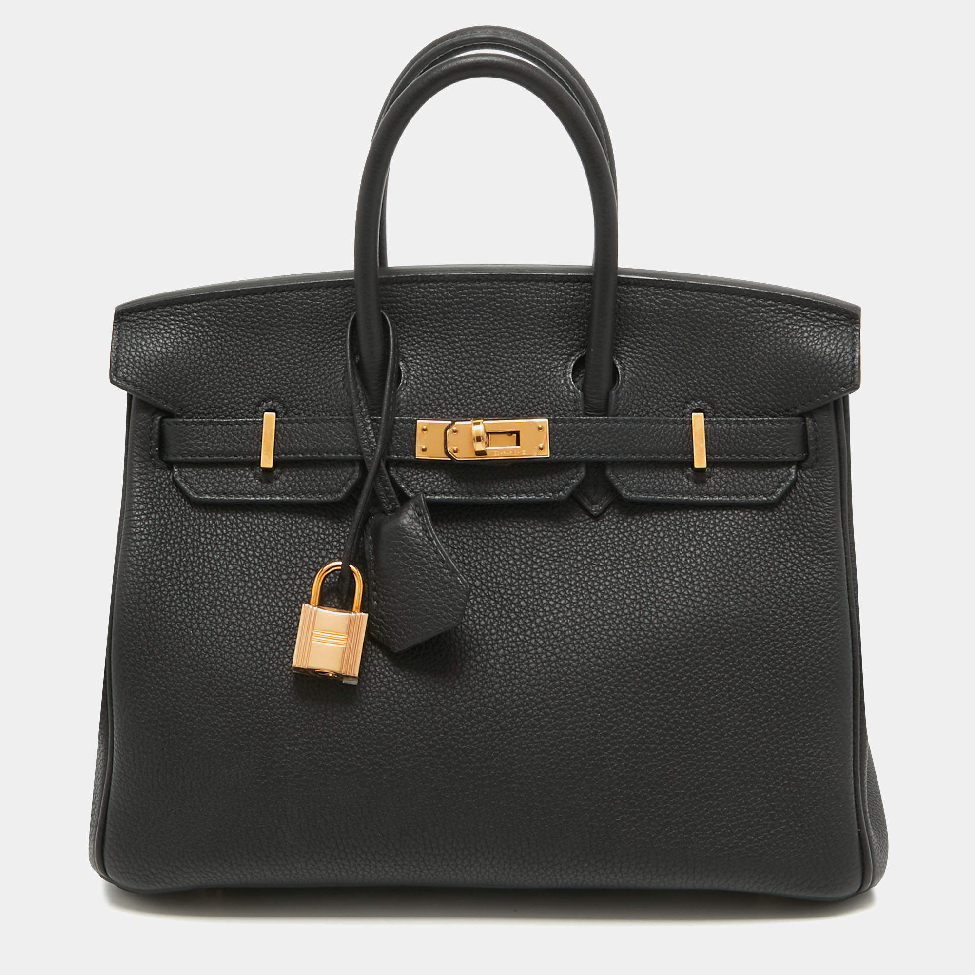 Hermes Black Togo Leather Rose Gold Finish Birkin 25 Bag