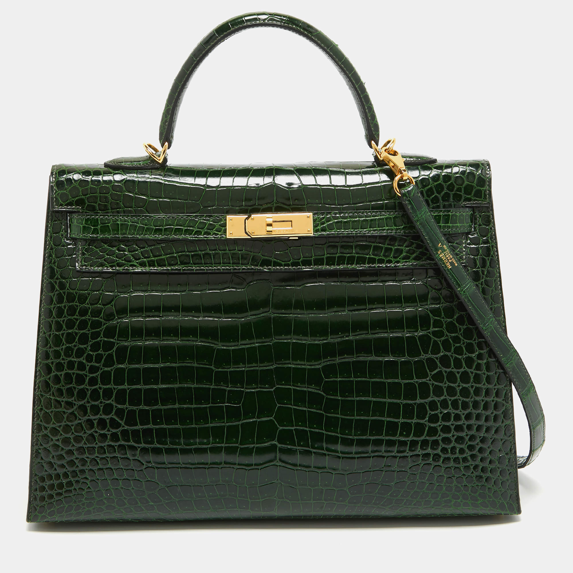 Hermes Vert Fonce Shine Crocodile Porosus Gold Finish Kelly Sellier 35 Bag