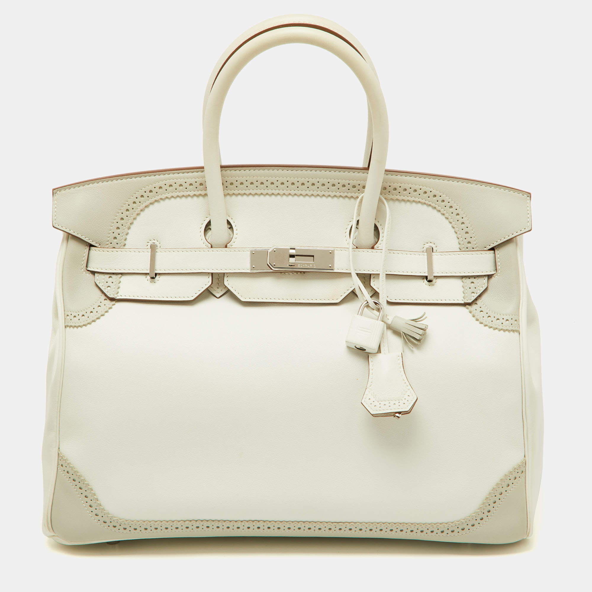 Hermes Blanc/Gris Swift Leather Palladium Finish Ghillies Birkin 35 Bag 