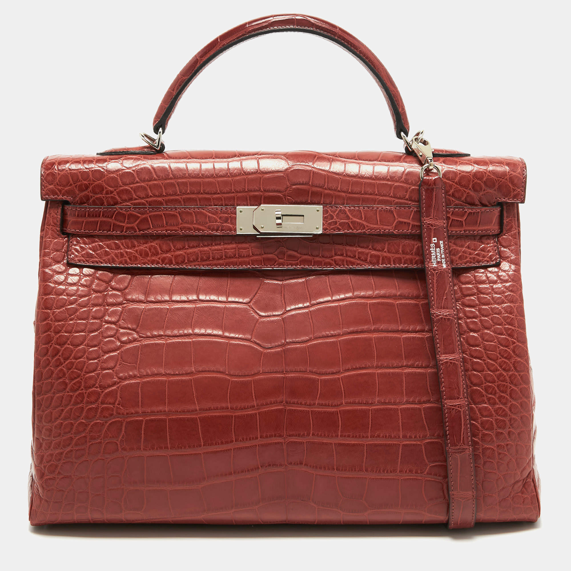 Pre Owned Hermes Rouge H Matte Alligator Mississippiensis Palladium Finish Kelly Retourne 40 Bag