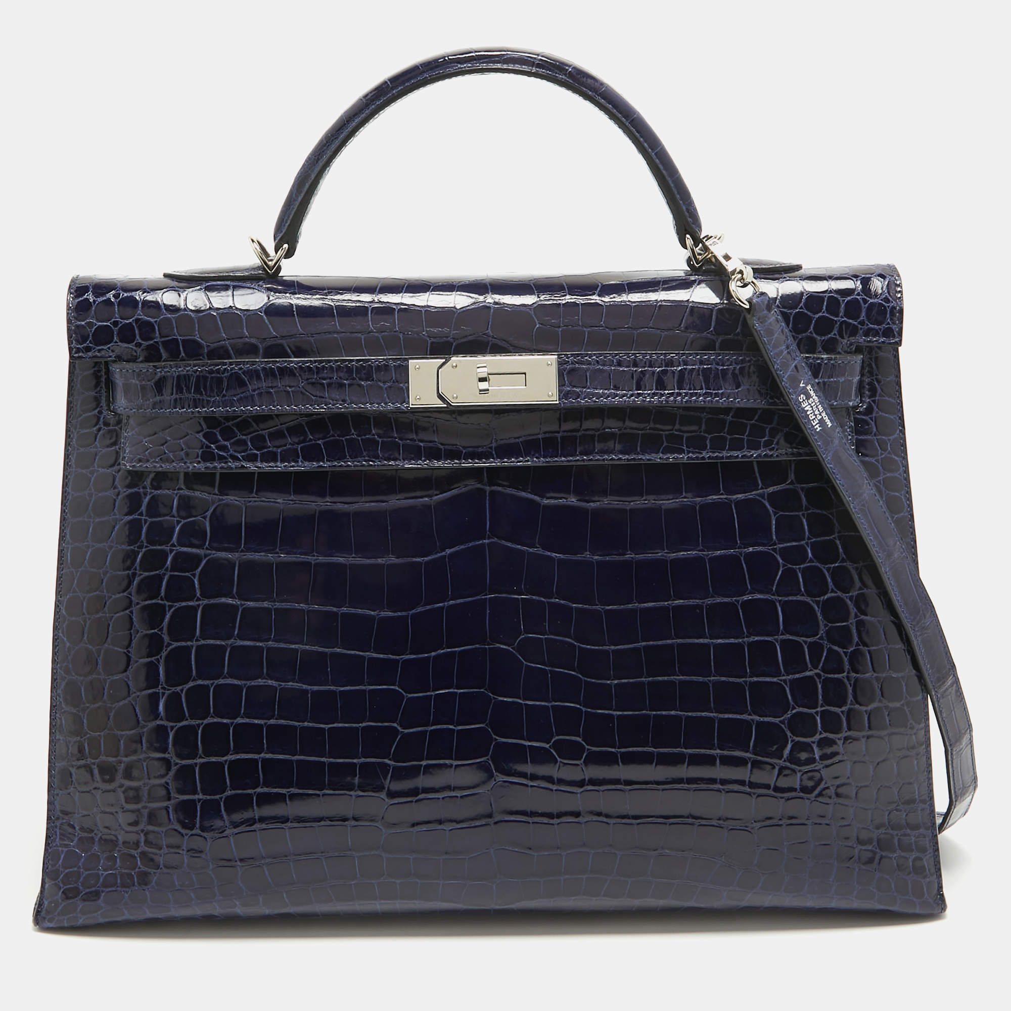 Pre Owned Hermes Bleu Roi Shine Crocodile Porosus Palladium Finish Kelly Sellier 40 Bag