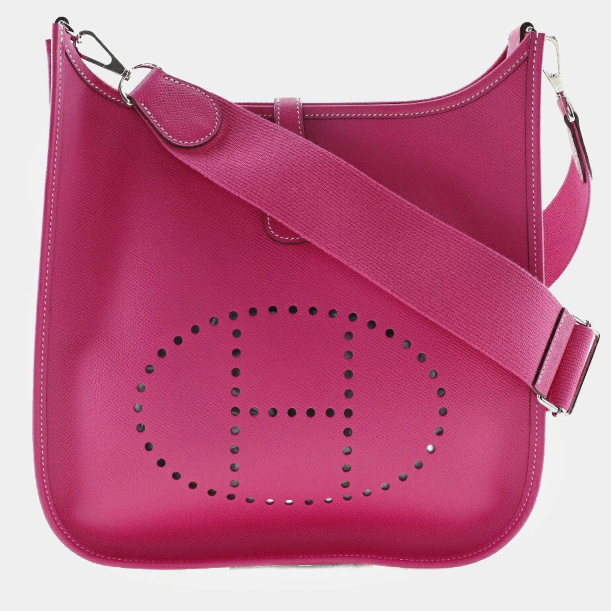 HERMES Evelyn 3PM Shoulder Bag Vaux Epson Rose Tyrian Made in France 2014 Pink/Silver Hardware R Crossbody Snap Button Ladies