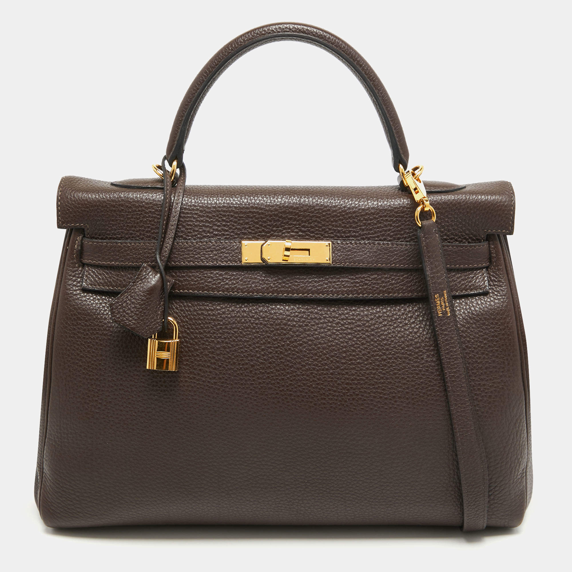 Pre Owned Hermes Cacao Togo Leather Gold Finish Kelly Retourne 35 Bag