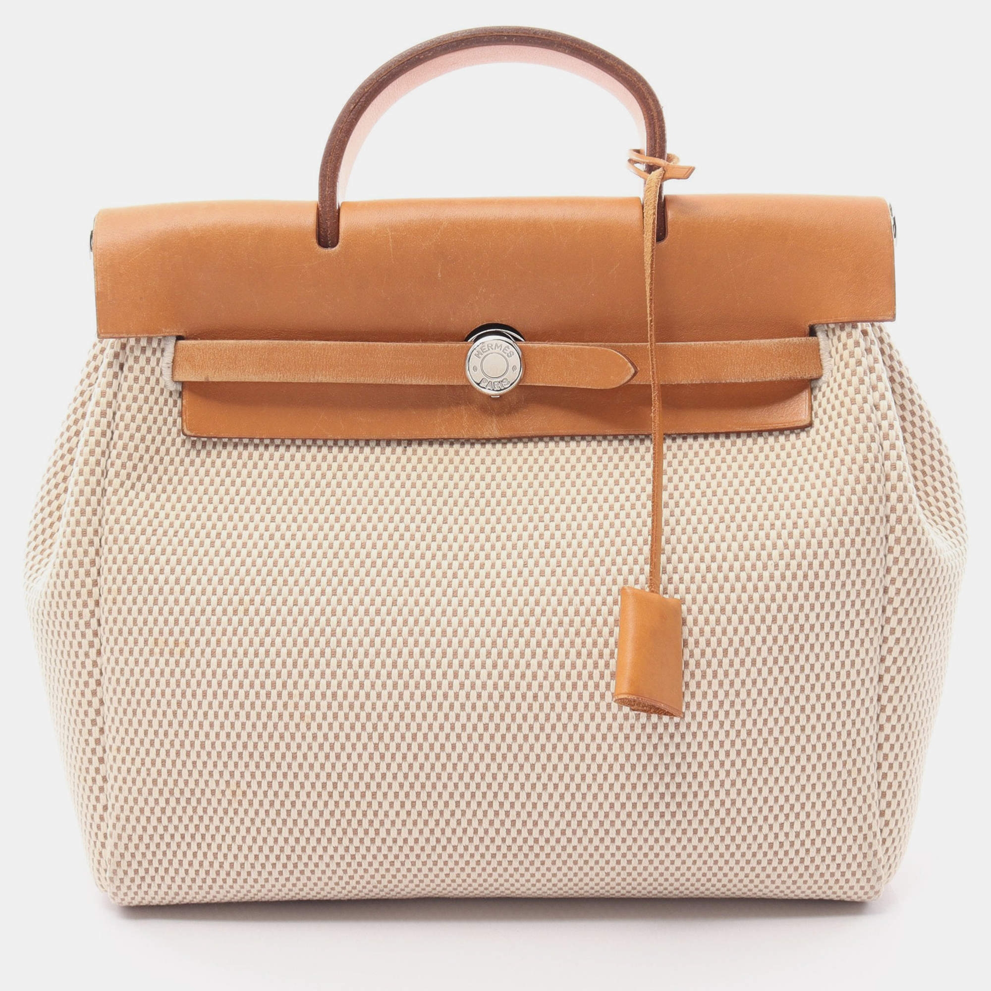 Pre Owned Hermes HerBag bag Ad PM Backpack Rucksack Toile ash Leather Ivory Light brown Silver hardware H stamp