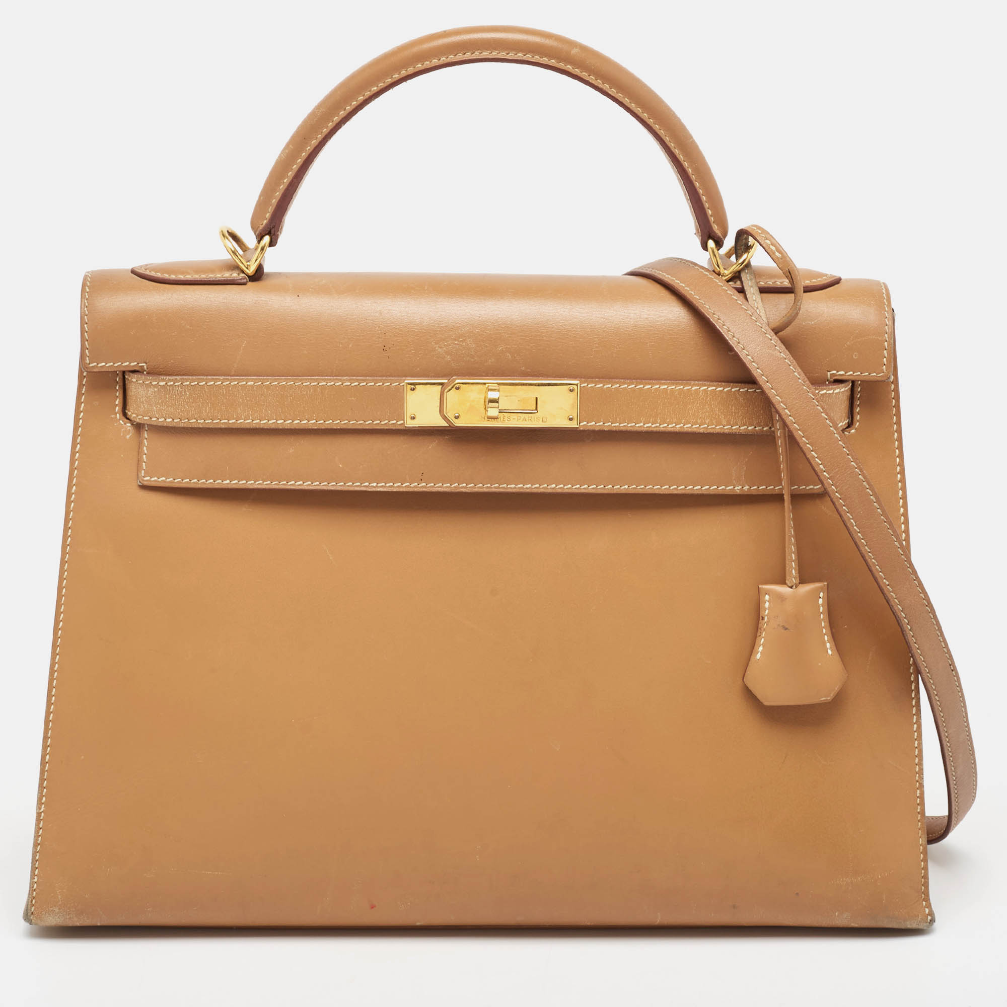 Pre Owned Hermes Natural Vache Leather Gold Finish Kelly Sellier 32 Bag