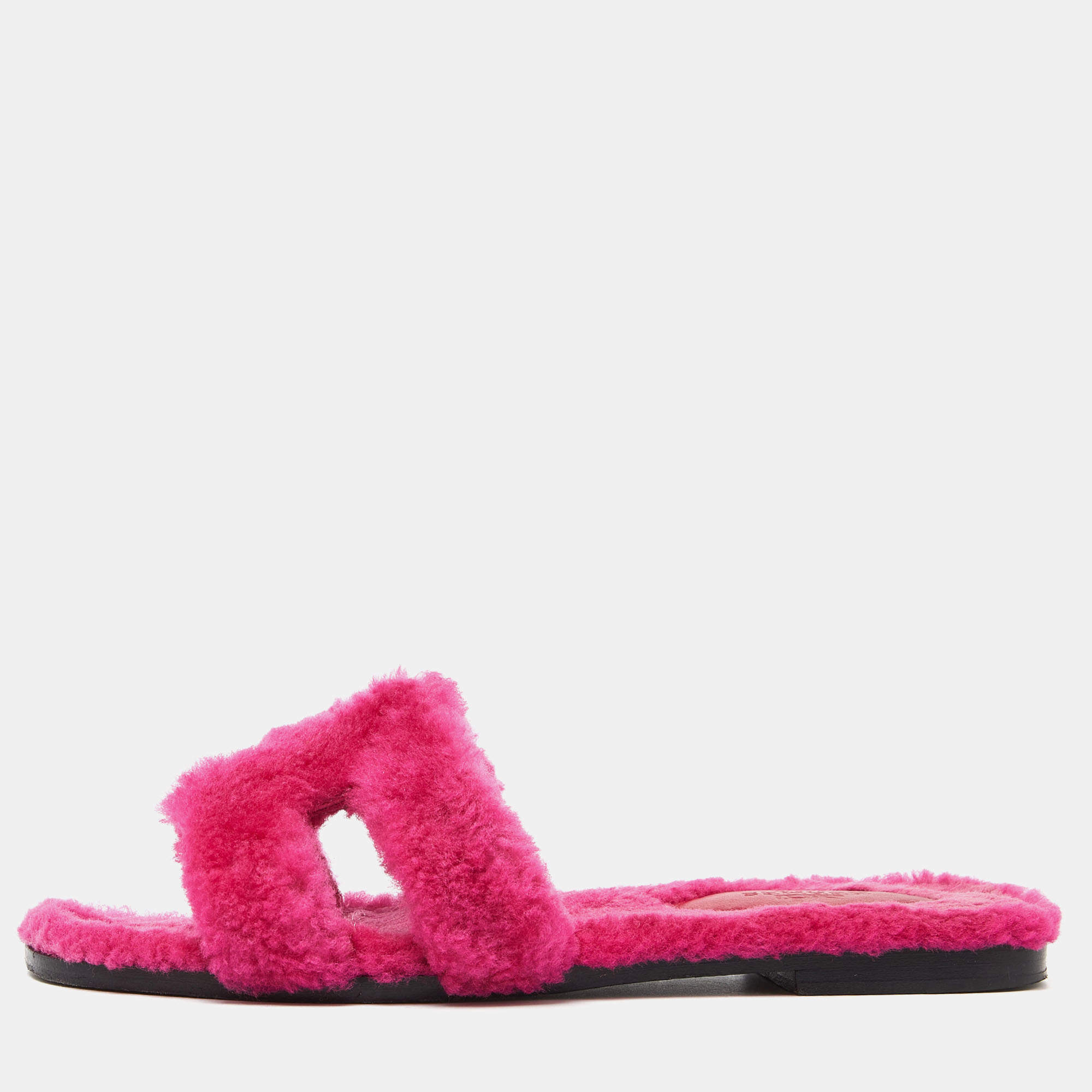 Hermes Pink Shearling Fur Oran Flat Slides Size 36.5