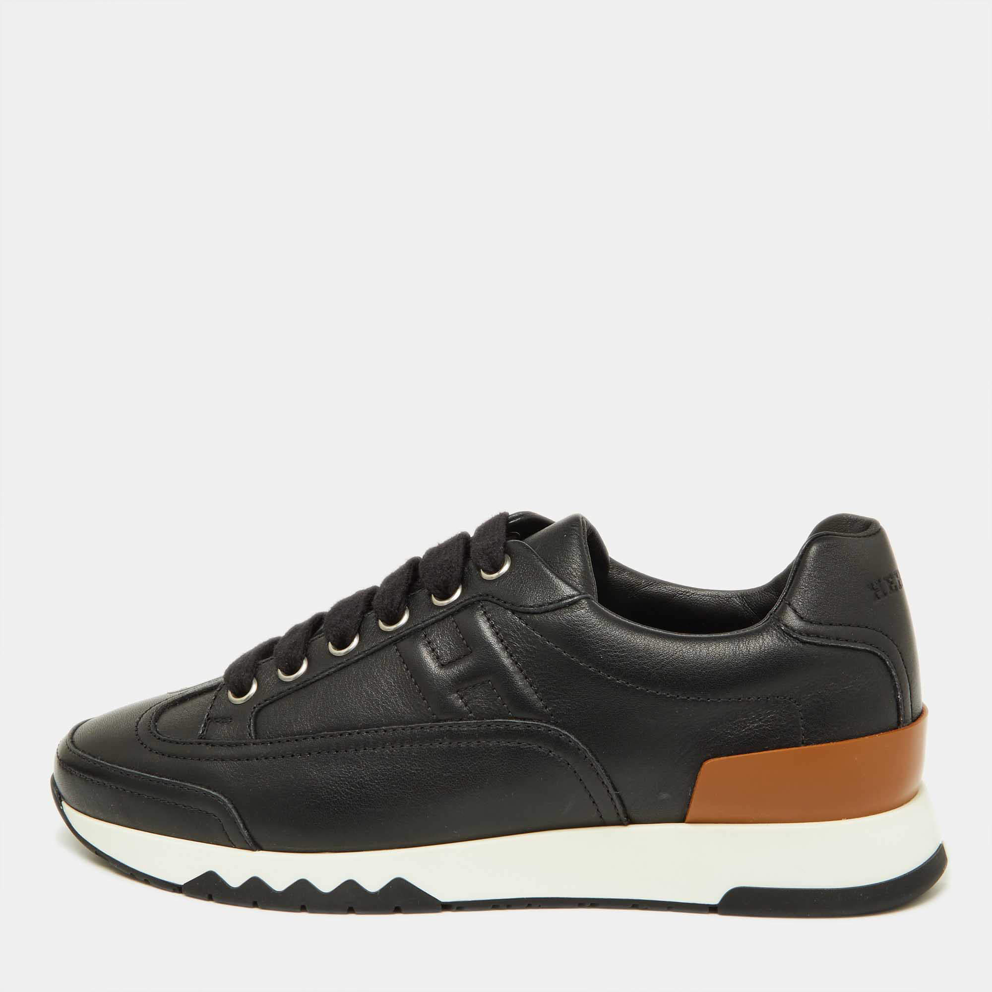 Pre Owned Hermes Black Leather Trail Low Top Sneakers Size 36