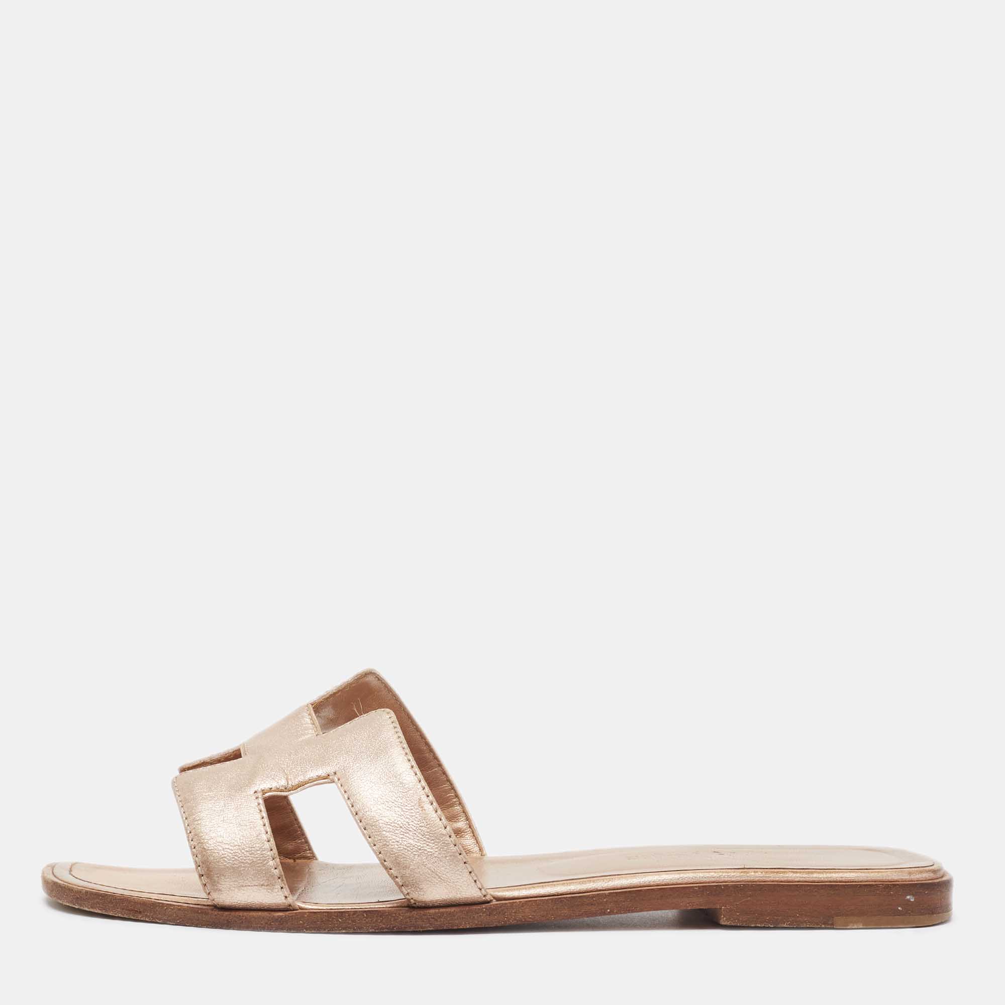 Hermes Metallic Pink Leather Oran Flat Slides Size 38