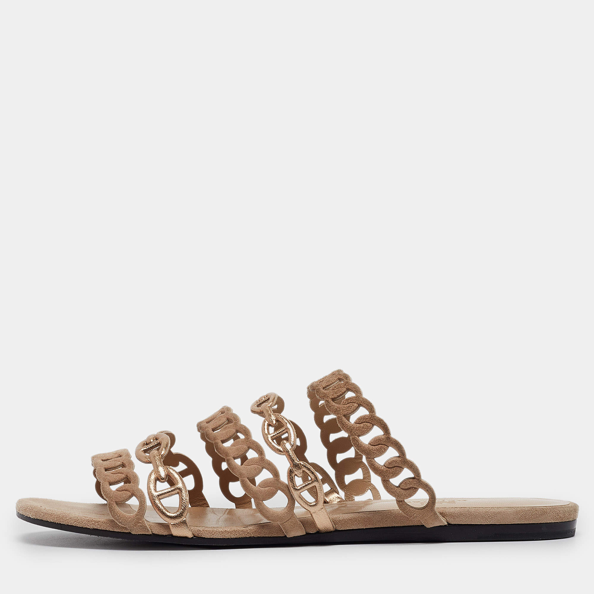 Hermes Beige/Gold Suede and Leather Chaine d'ancre Flat Slides Size 38