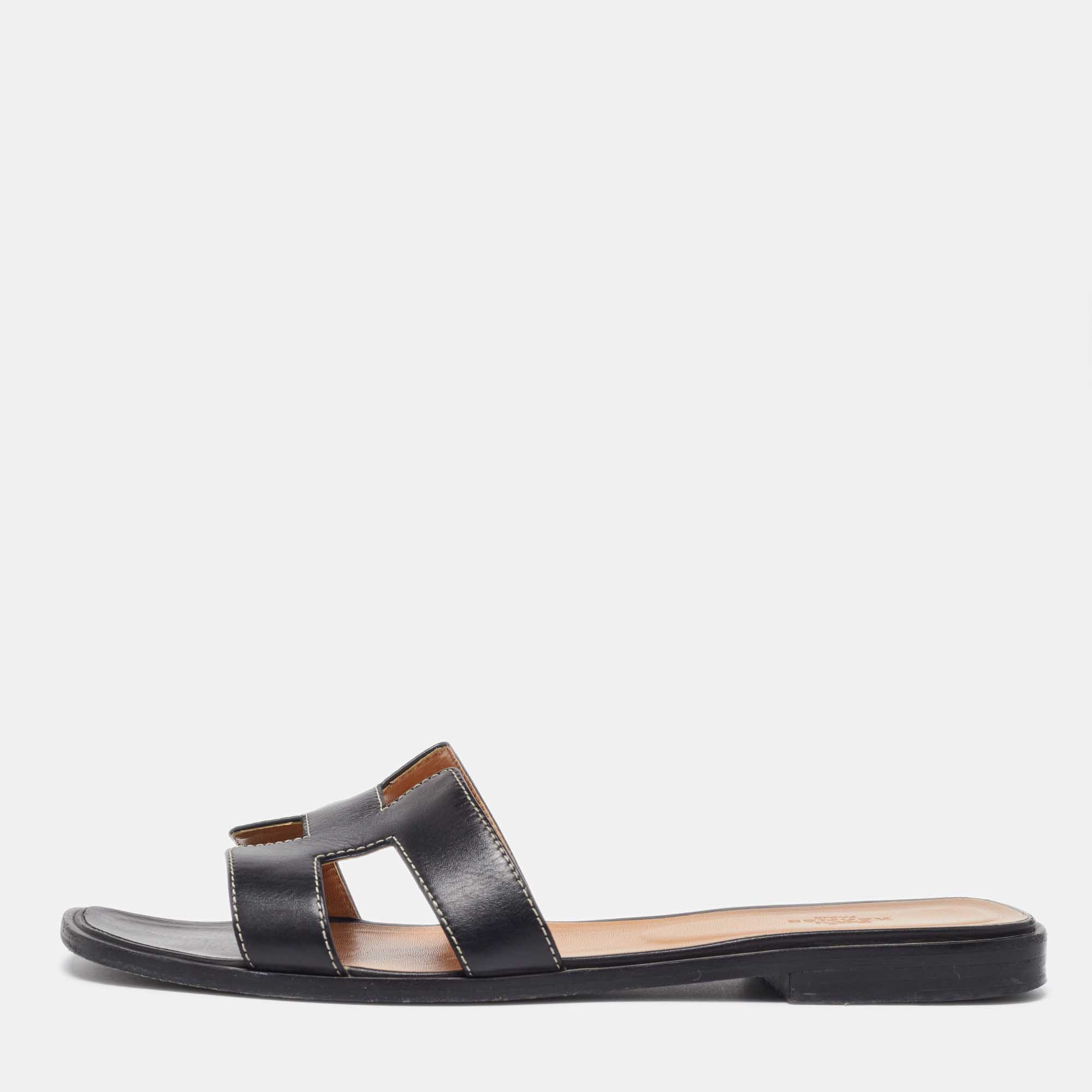 Hermes Black Leather Oran Flat Slides Size 41.5