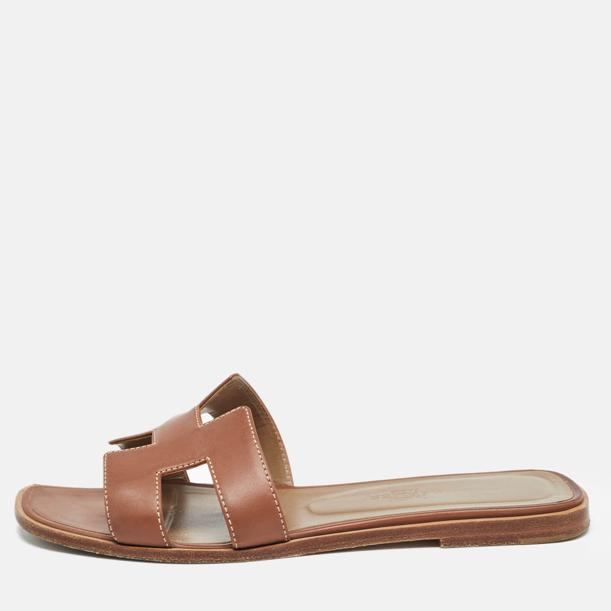 Hermes Brown Leather  Oran Flat Slides Size 36.5 