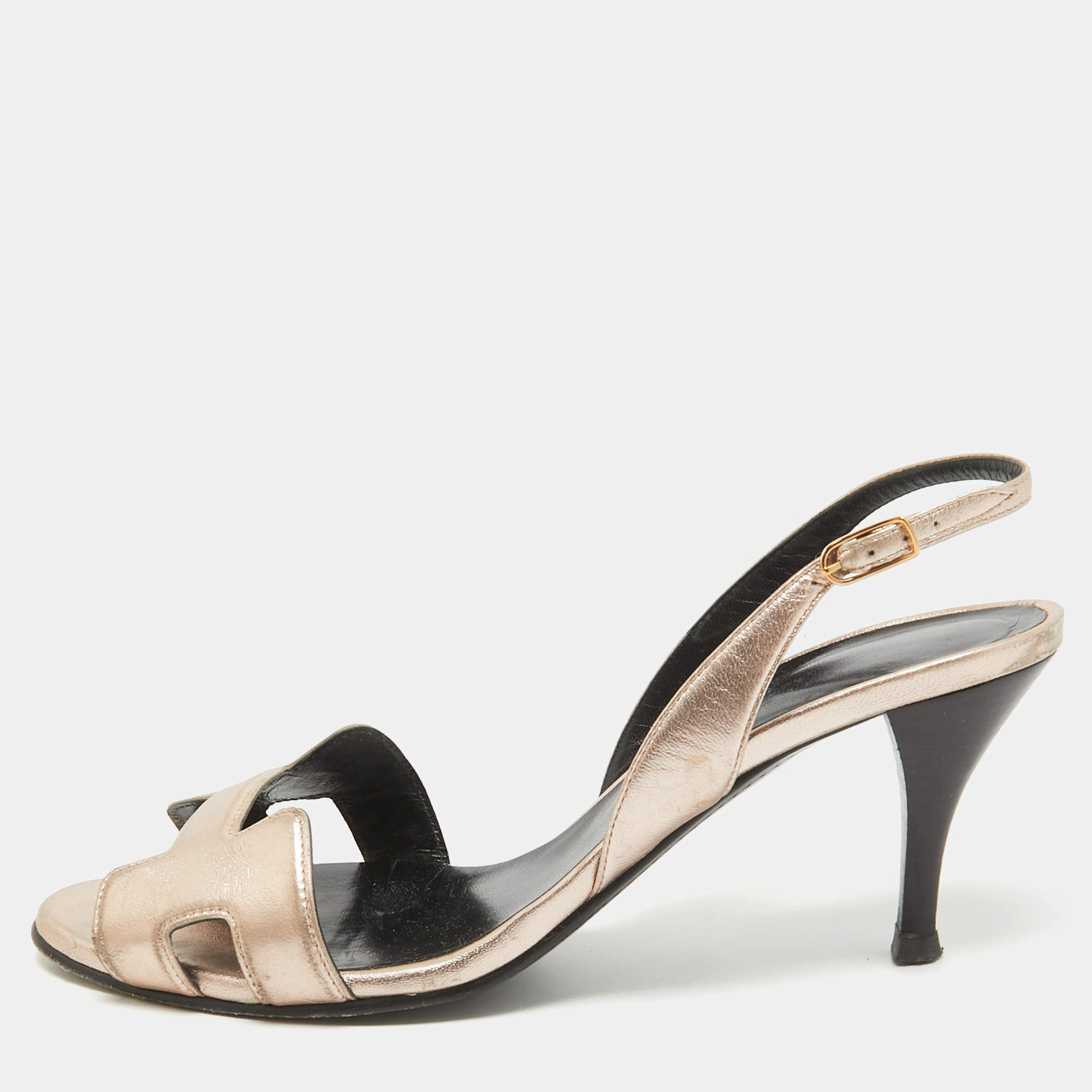 Pre Owned Hermes Metallic Leather Night  Sandals Size 36.5