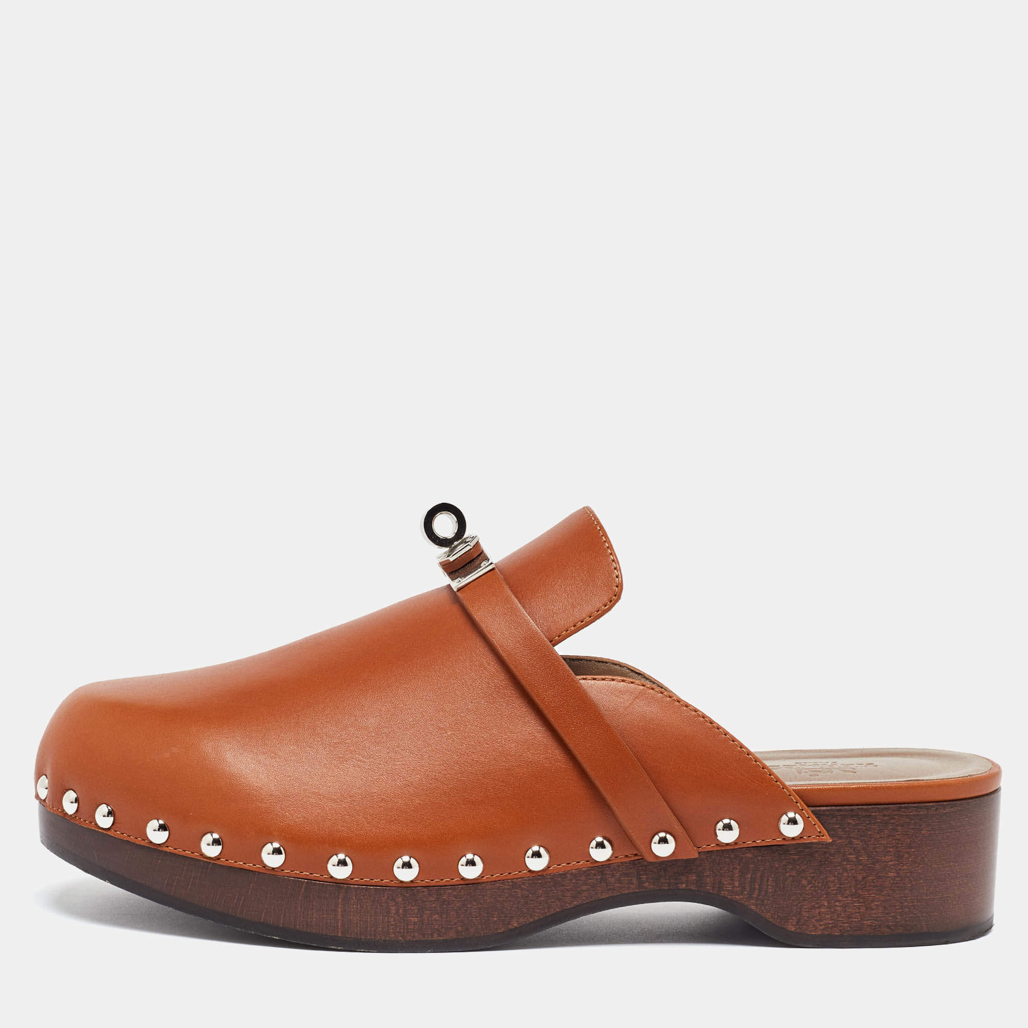 Pre Owned Hermes Brown Leather Carlotta Clogs Size 38