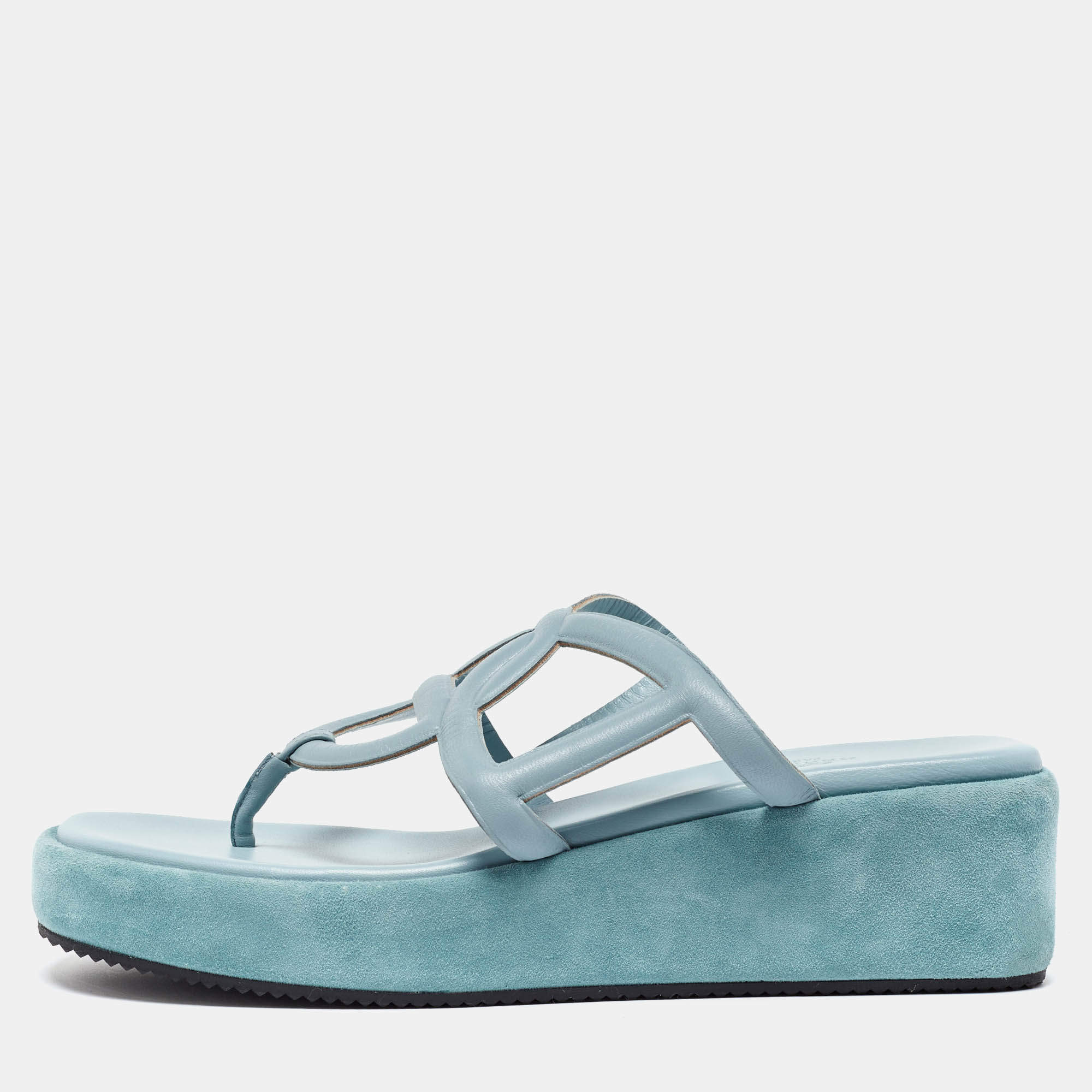 Pre Owned Hermes Blue Leather Gipsy Platform Sandals Size 41