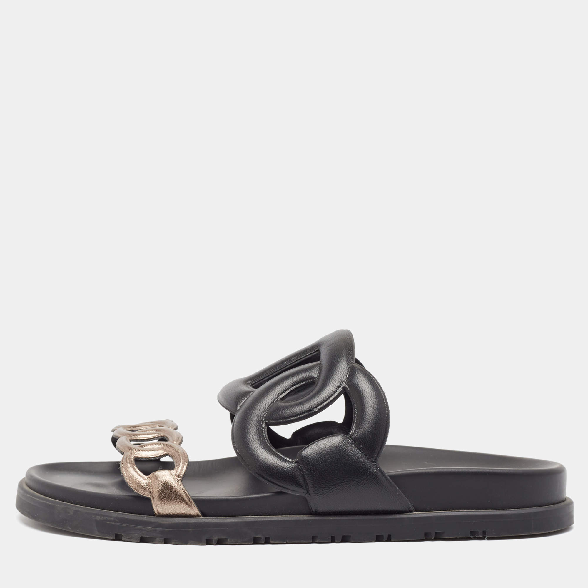 Pre Owned Hermes Black/Bronze Leather Extra Sandals Size 37.5