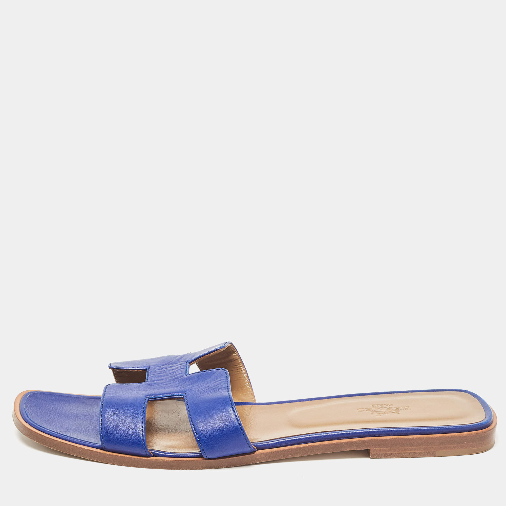 Hermes Blue Leather Oran Flat Slides Size 41
