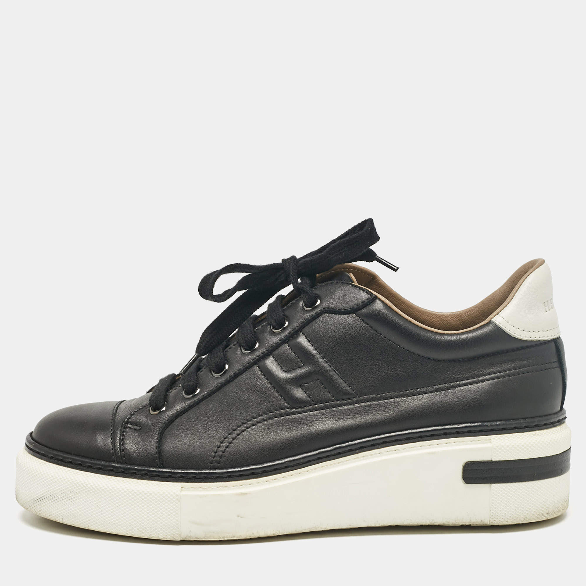 Hermes Black Leather Quicker Low Top Sneakers Size 39.5