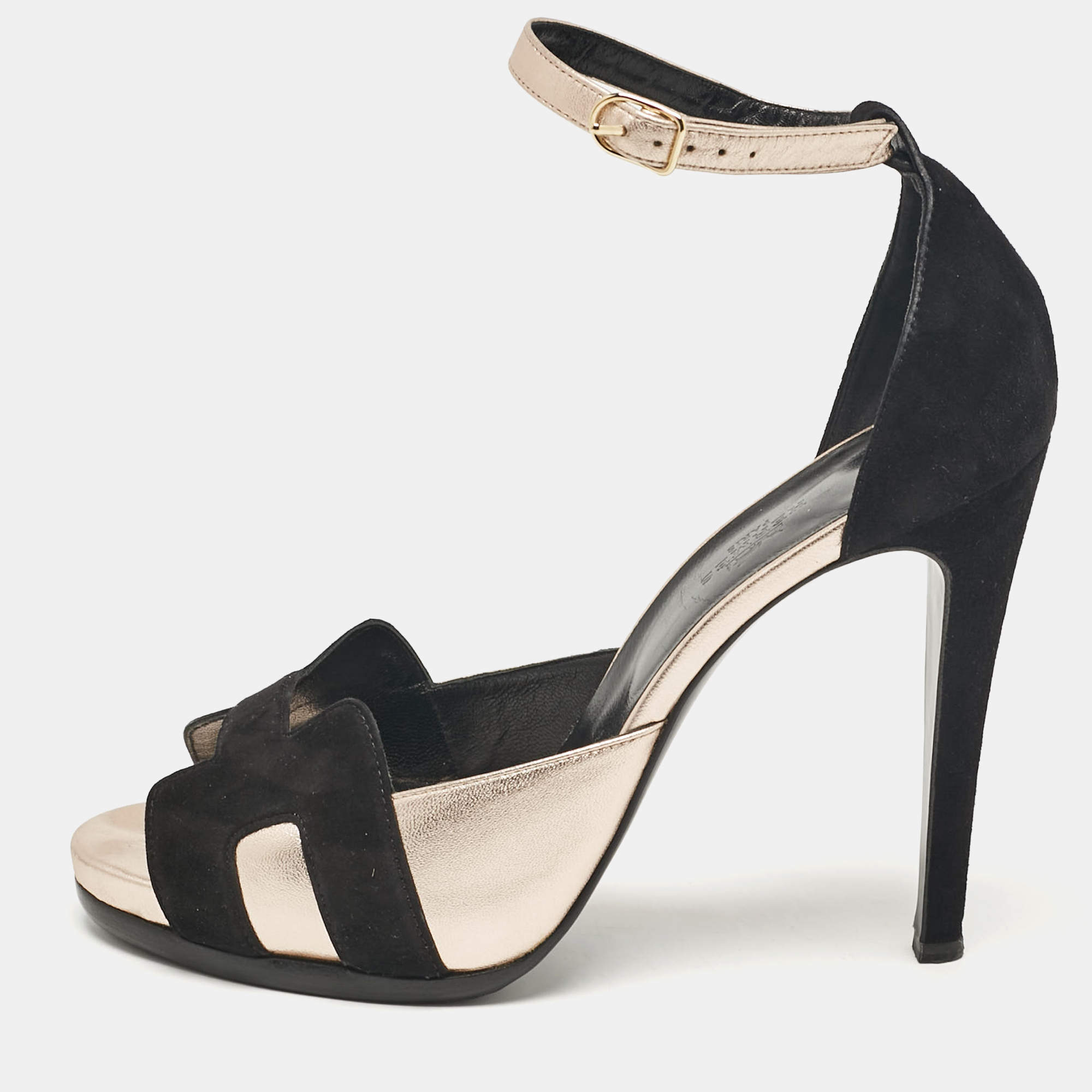 Hermes Black Leather and Suede Premiere 70 Ankle Strap Sandals Size 40.5