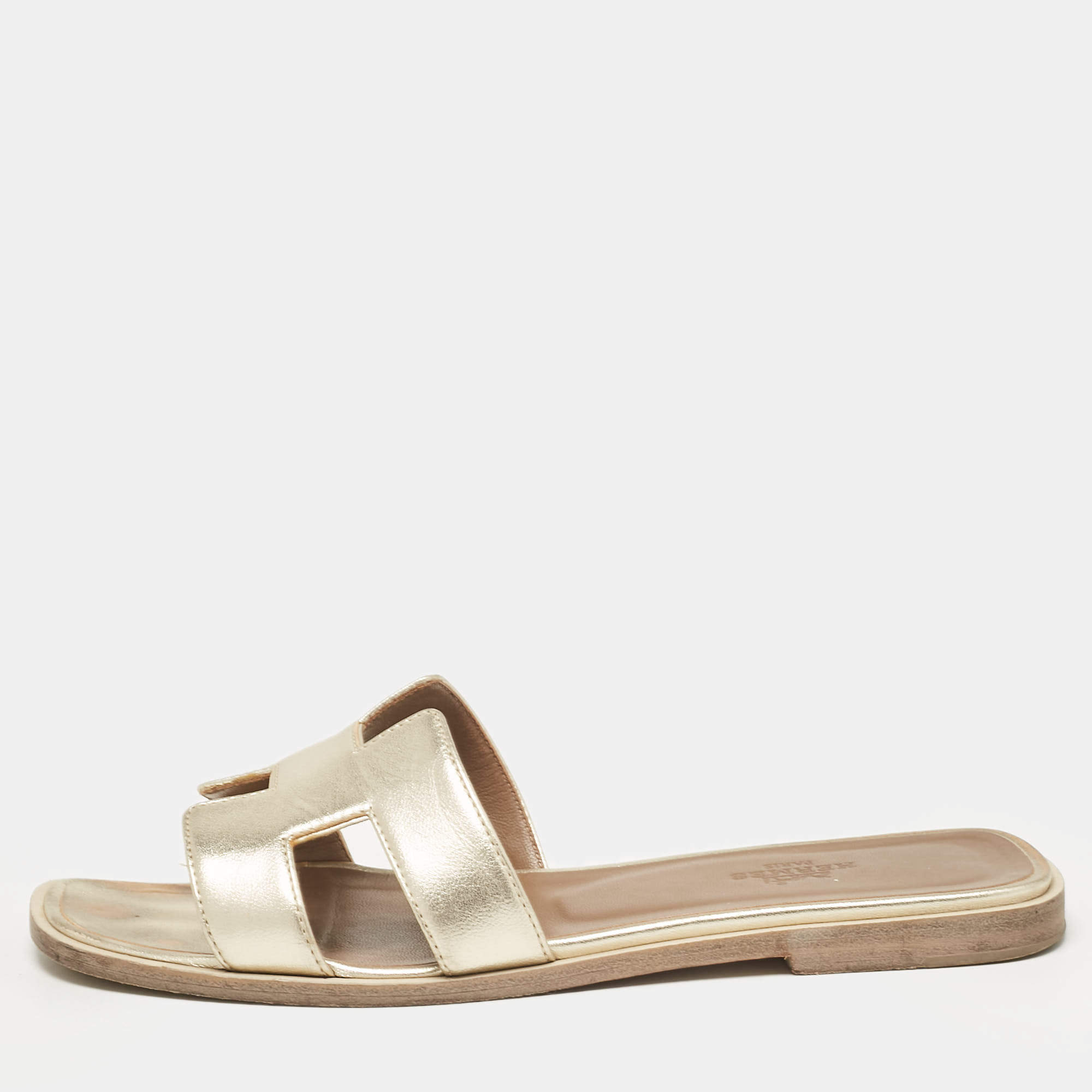 Hermes Gold Leather Oran Flat Slides Size 37
