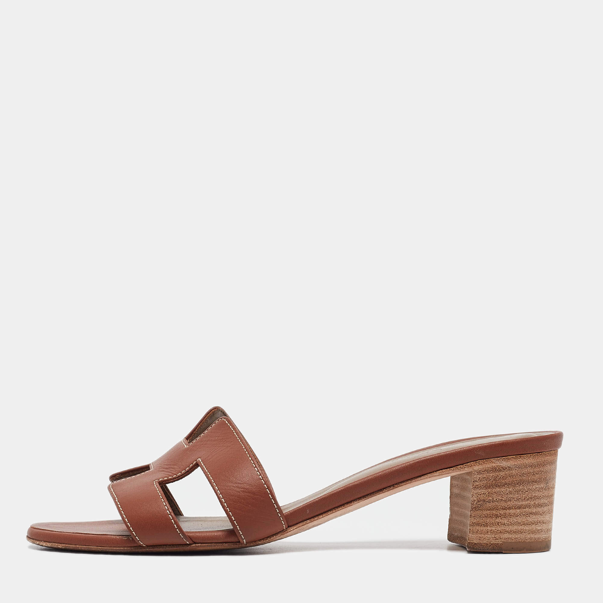 Pre Owned Hermes Brown Leather Oasis Slide Sandals Size 38