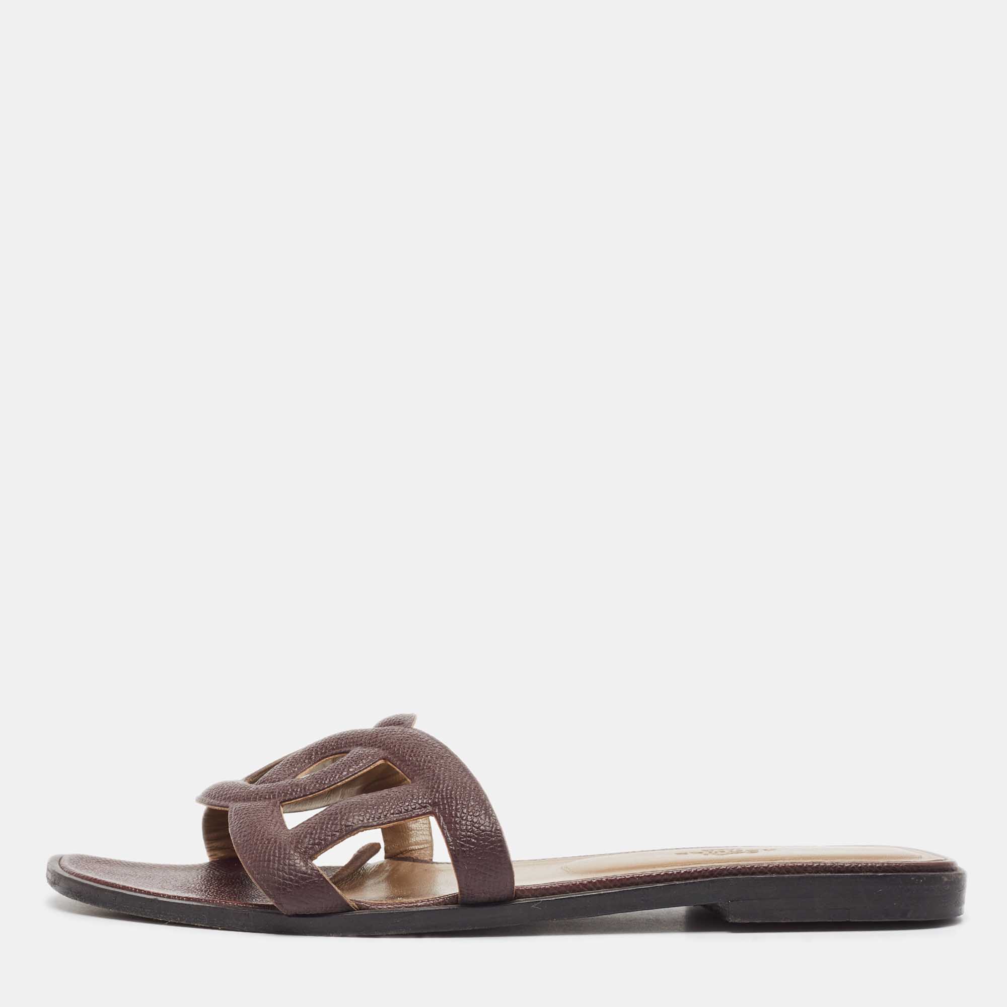 Hermes Burgundy Leather Omaha Flat Slides Size 39