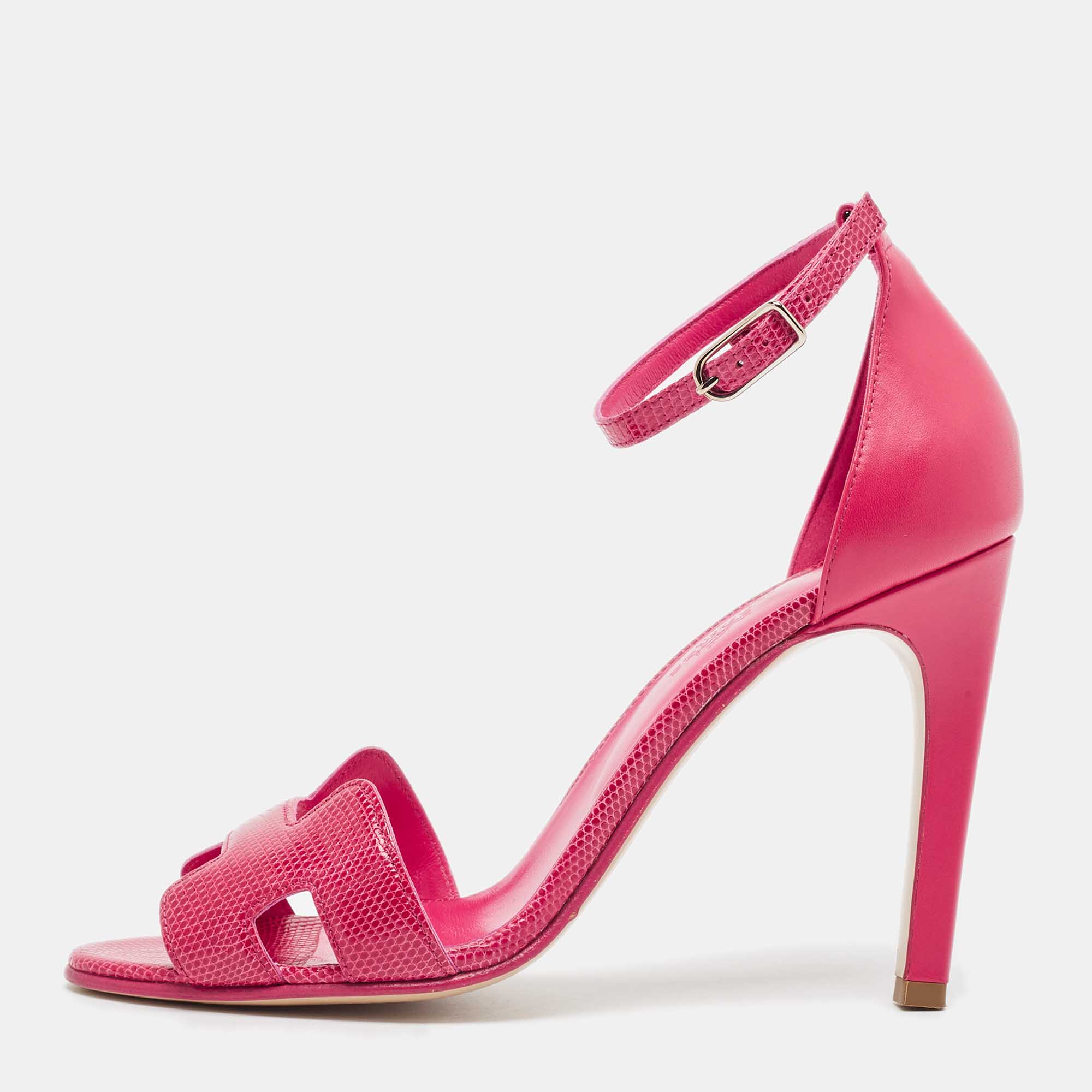 Pre Owned Hermes Pink Lizard and Leather Premiere Sandals Size 37.5