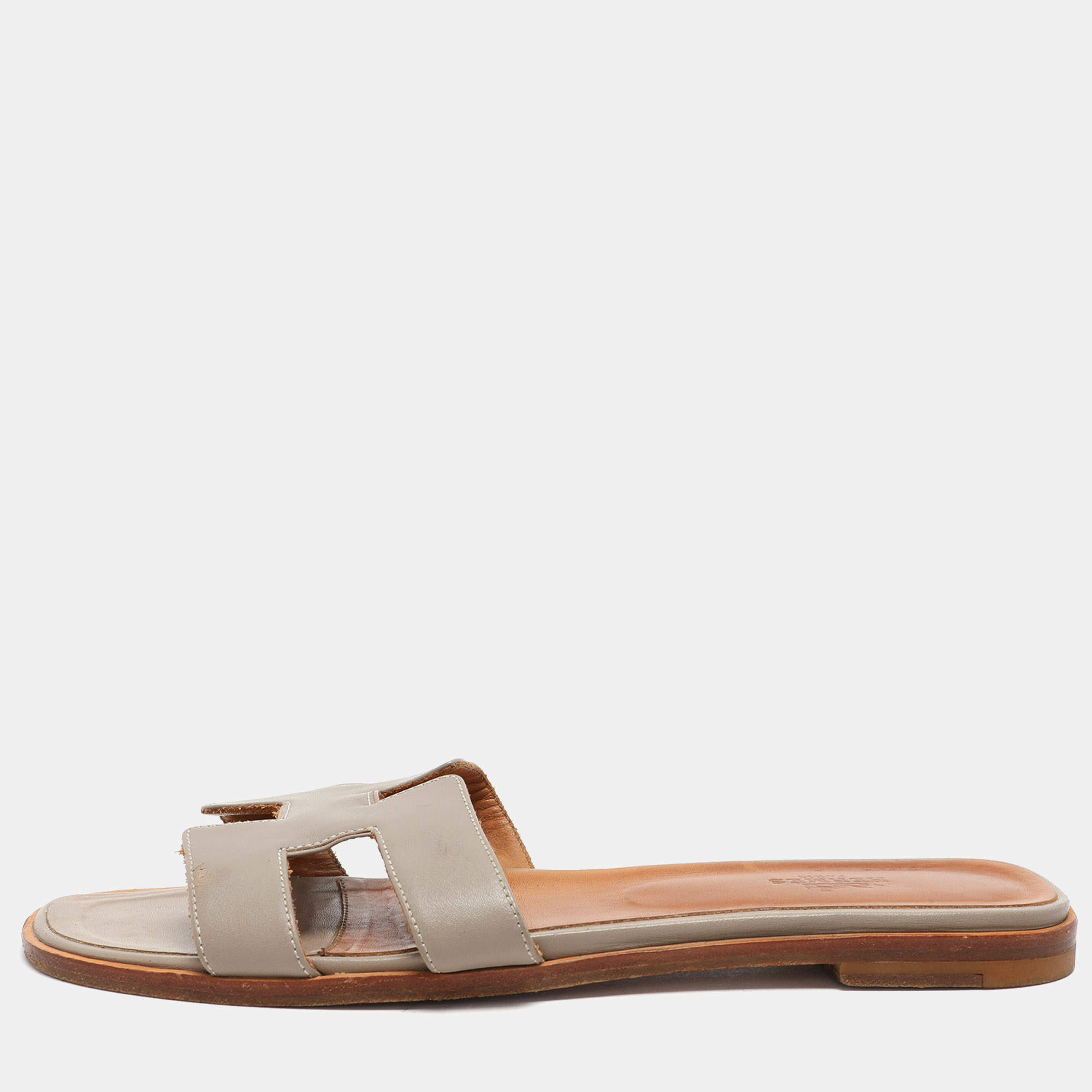 Hermes Grey Leather Oran Flat Slides Size 40