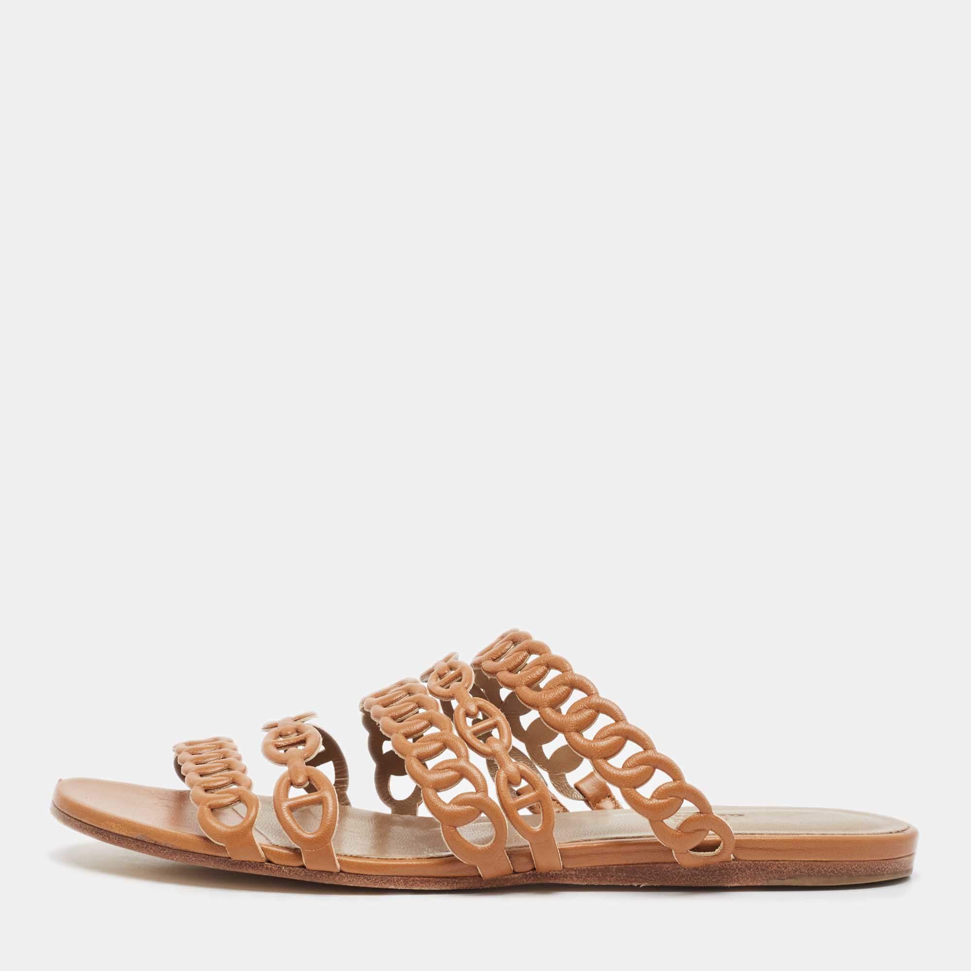 Hermes Tan Leather Chaine D'ancre Flat Slides Size 36.5