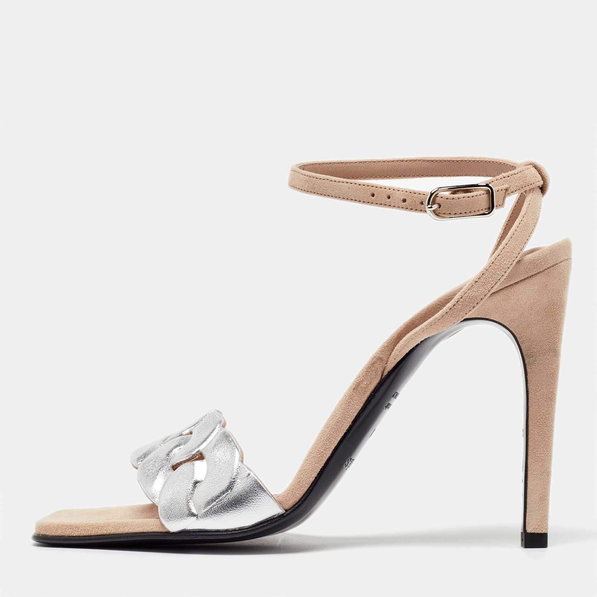 Pre Owned Hermes Silver Leather and Suede Gala 105 Slingback Sandals Size 38