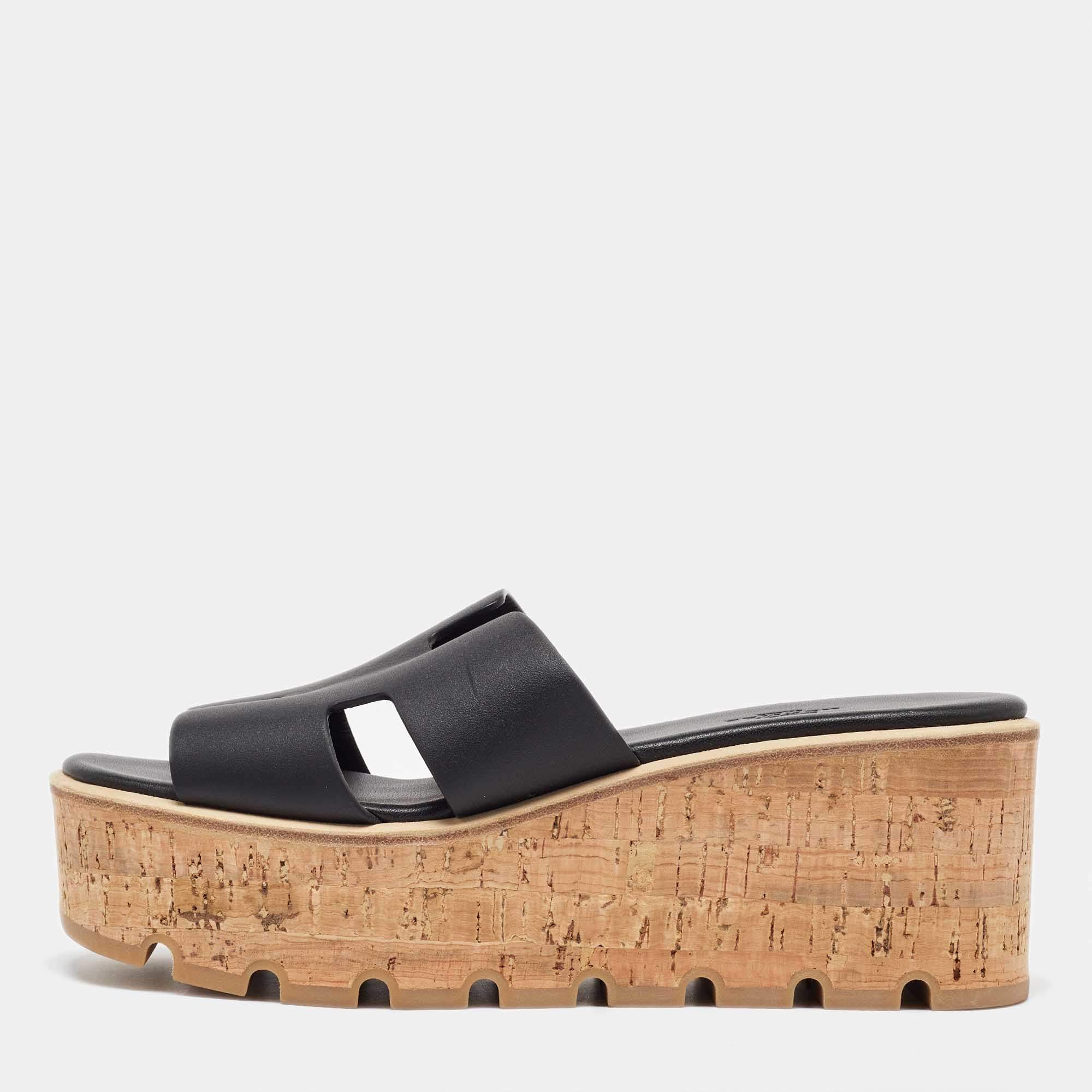 Pre Owned Hermes Black Leather Platform Sandals 38