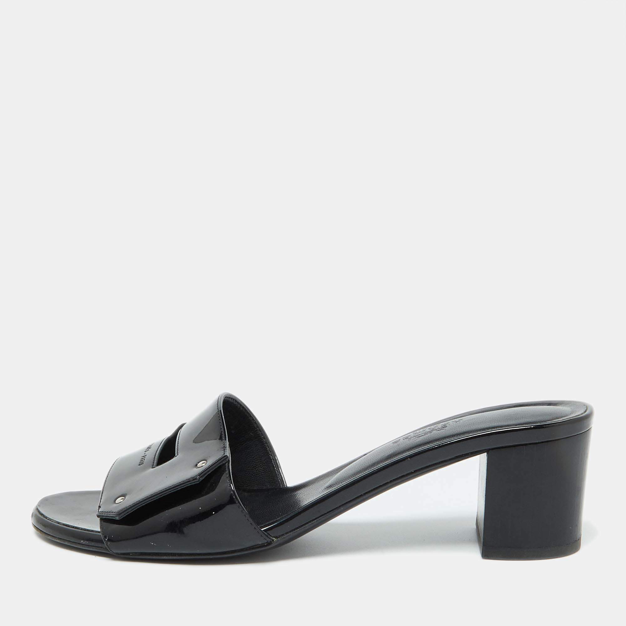 Pre Owned Hermes Black Patent Leather View Slide Sandals Size 37.5