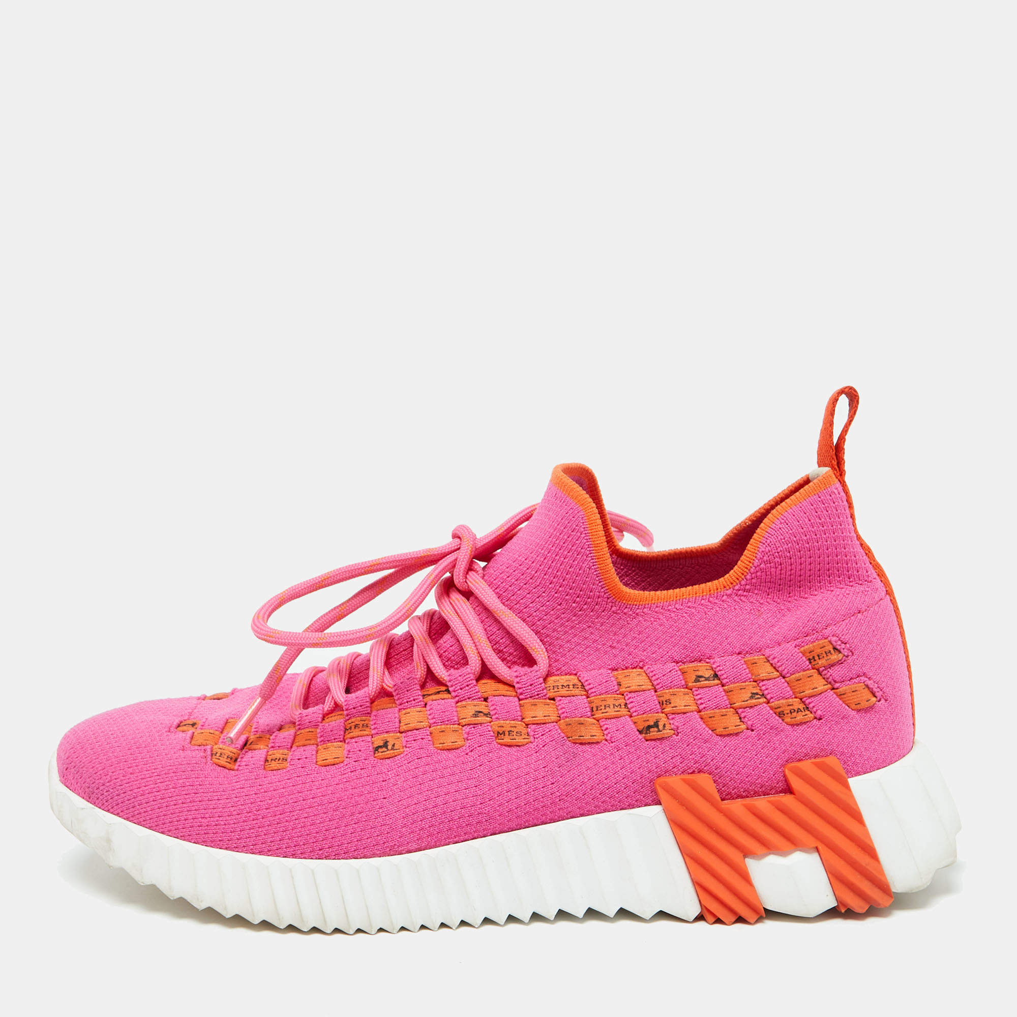 Hermes Pink Knit Fabric Flex Low Top Sneakers Size 38