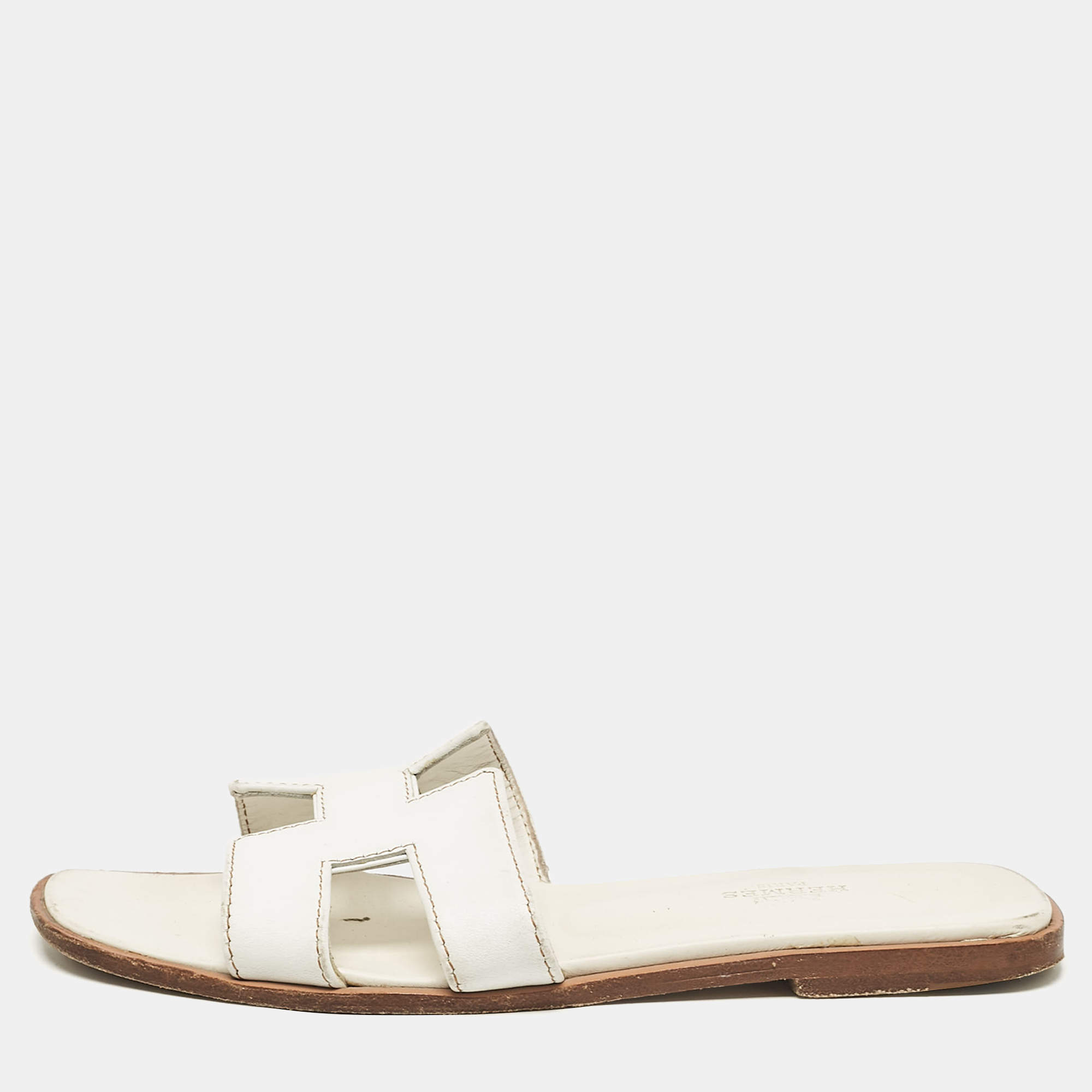 Hermes White Leather Oran Flat Slides Size 37.5