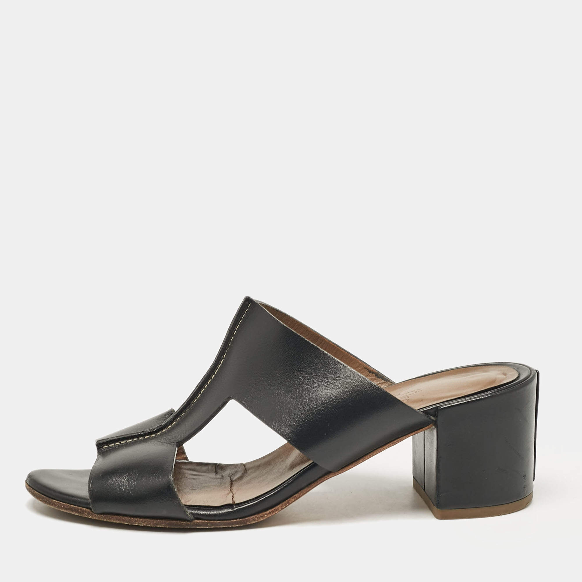 Pre Owned Hermes Black Leather Ostia Slide Sandals Size 36
