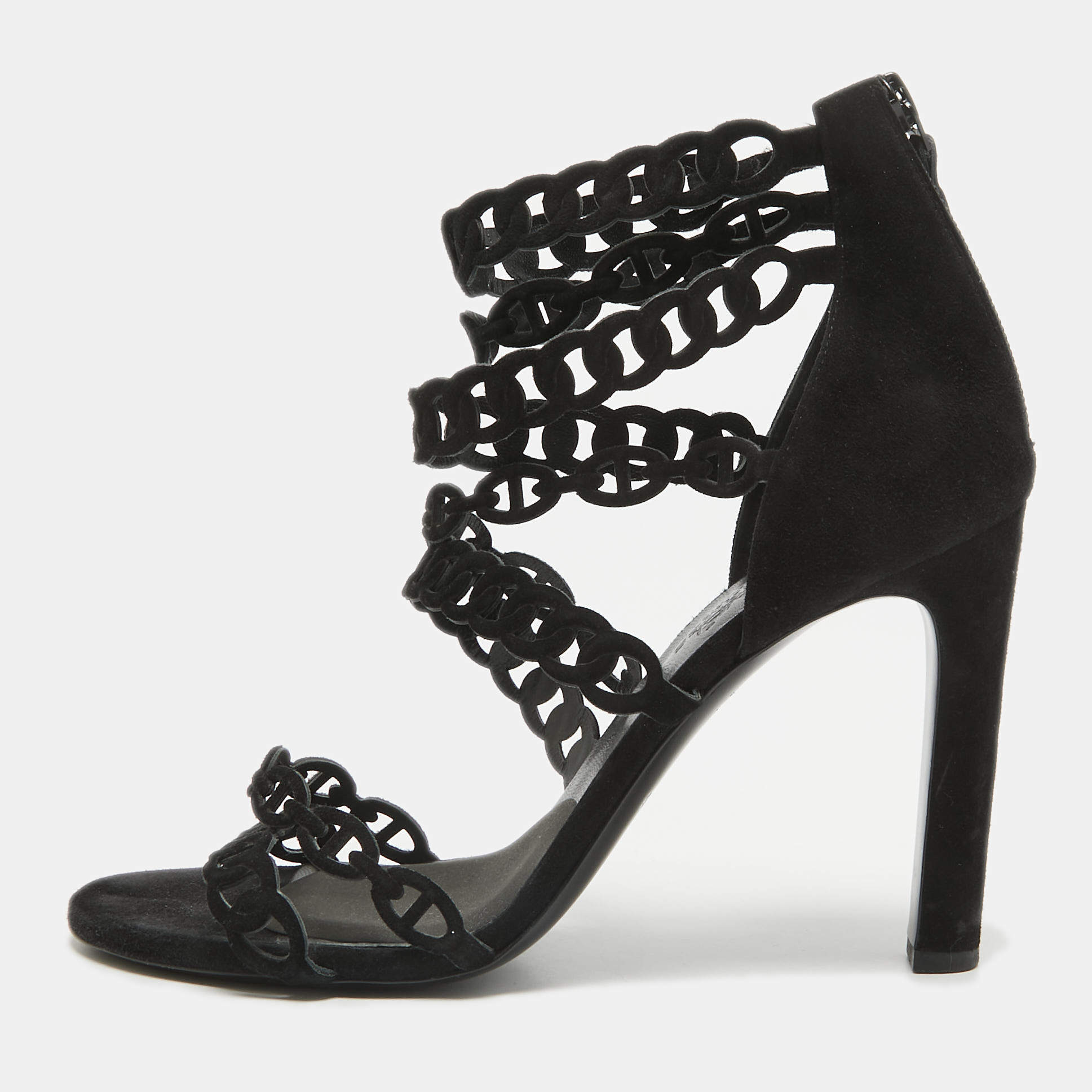Hermes Black Suede Naide Chaine d'Ancre Sandals Size 38.5