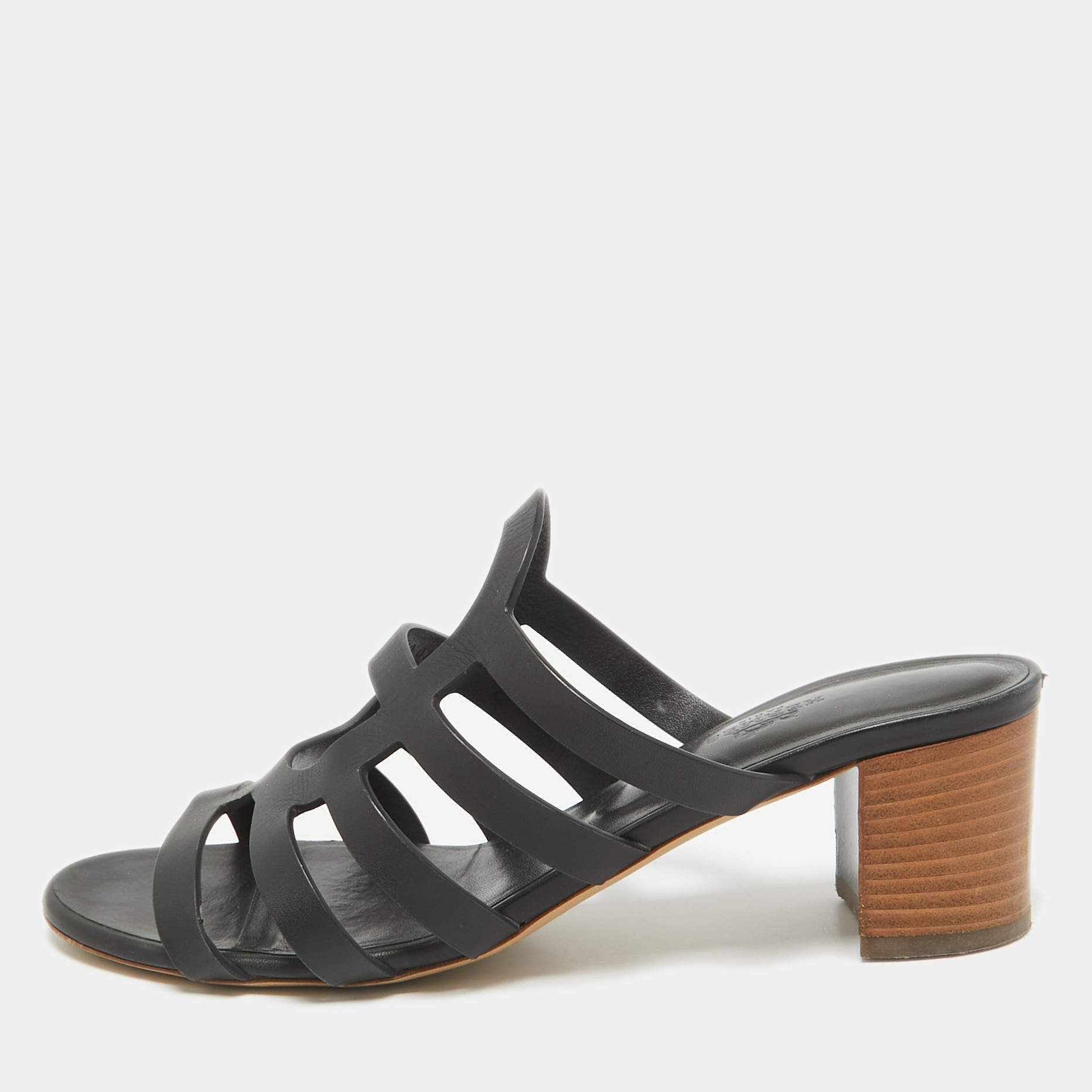 Pre Owned Hermes Black Leather Celena Slide Sandals Size 40