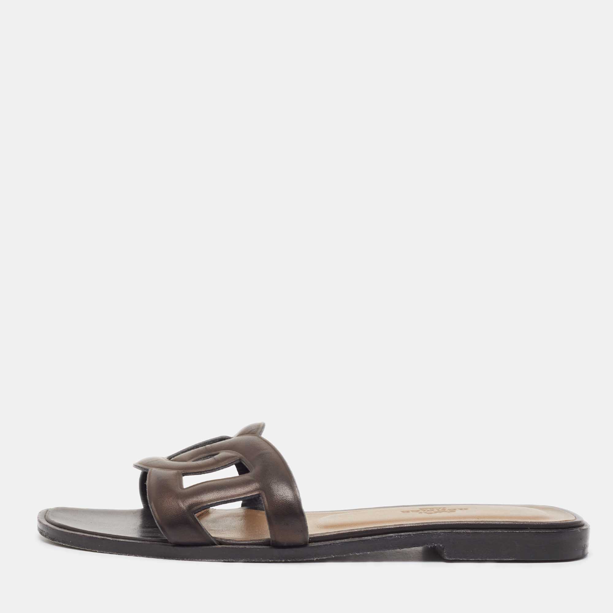 Hermes Brown Leather Aloha Flat Slides Size 36