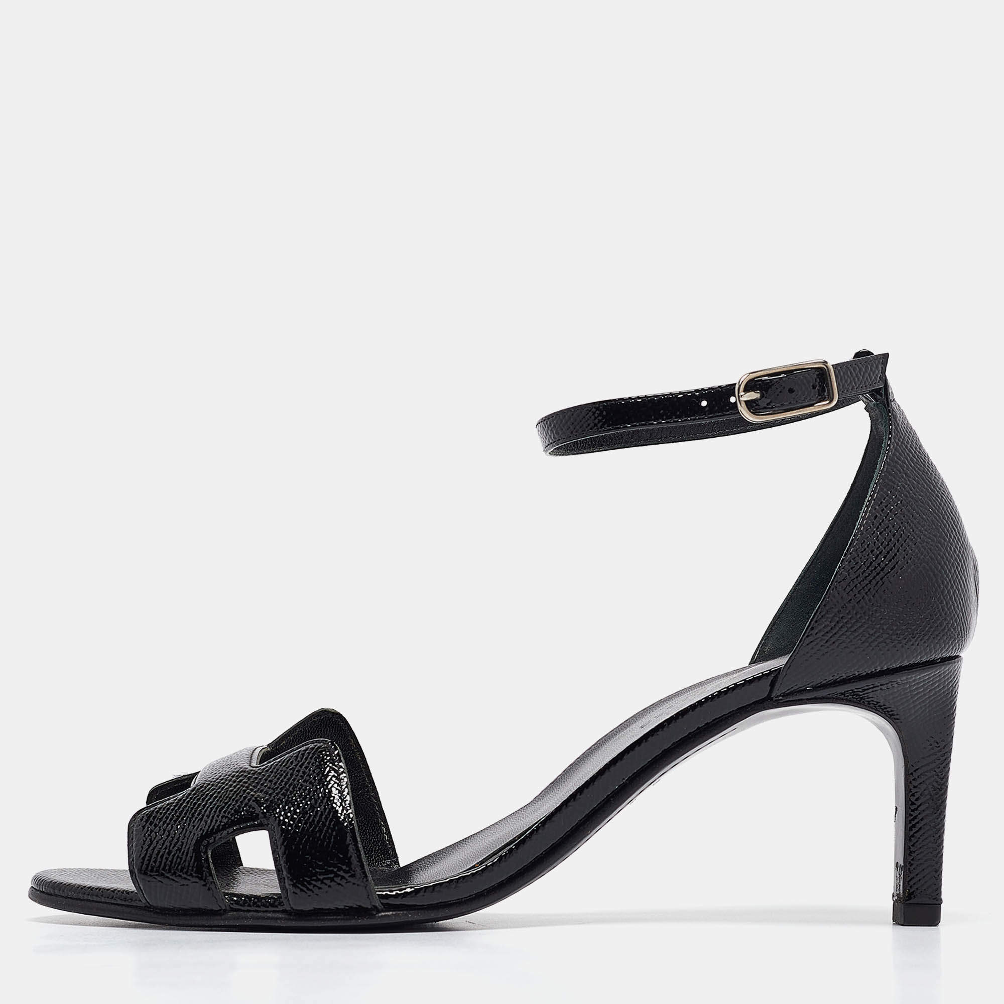 مملوكة مسبقًا Hermes Black Patent Leather Premiere 70 Ankle Strap Sandals Size 37.5