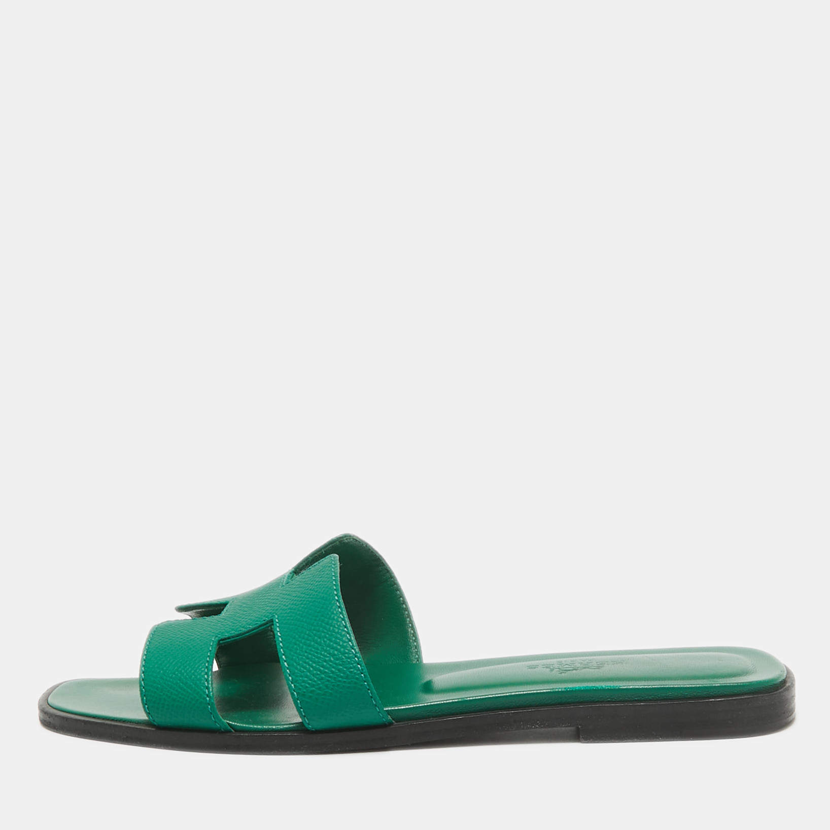 Pre Owned Hermes Green Leather Oran Flat Slides Size 35.5
