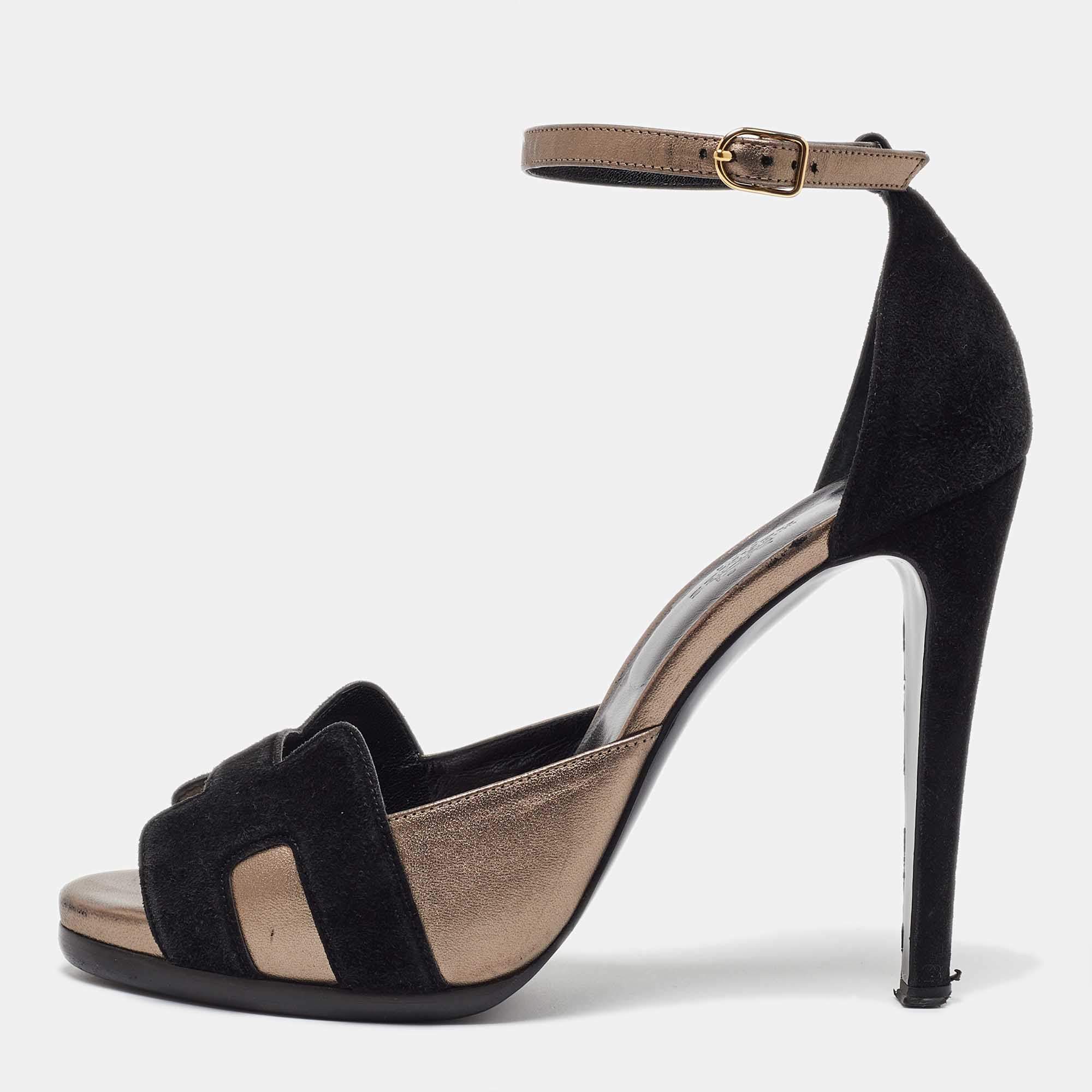 Hermes Black/Grey Leather and Suede Premiere Ankle Strap Sandals Size 40