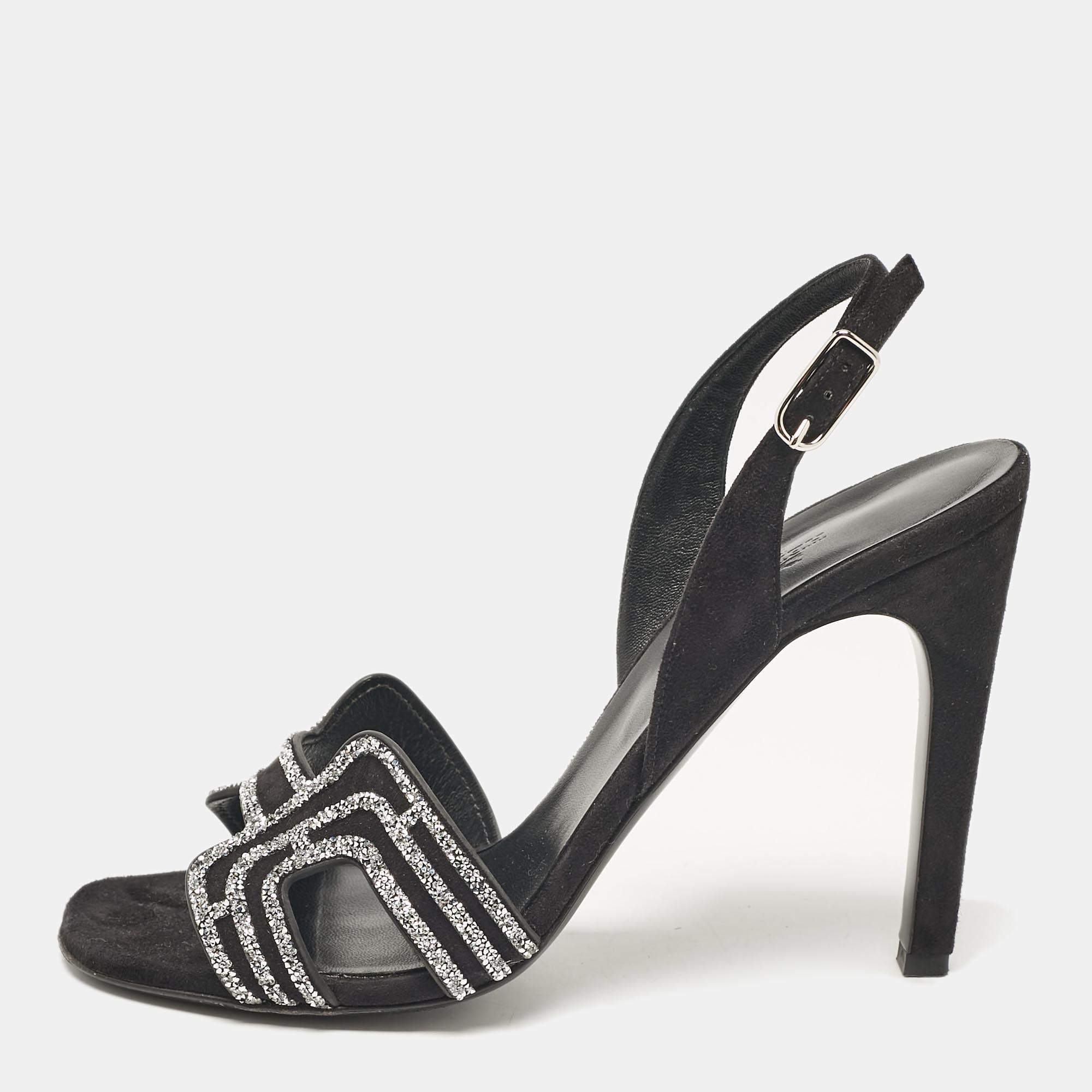 Pre Owned Hermes Black Suede Premiere 70 Slingback Sandals Size 40