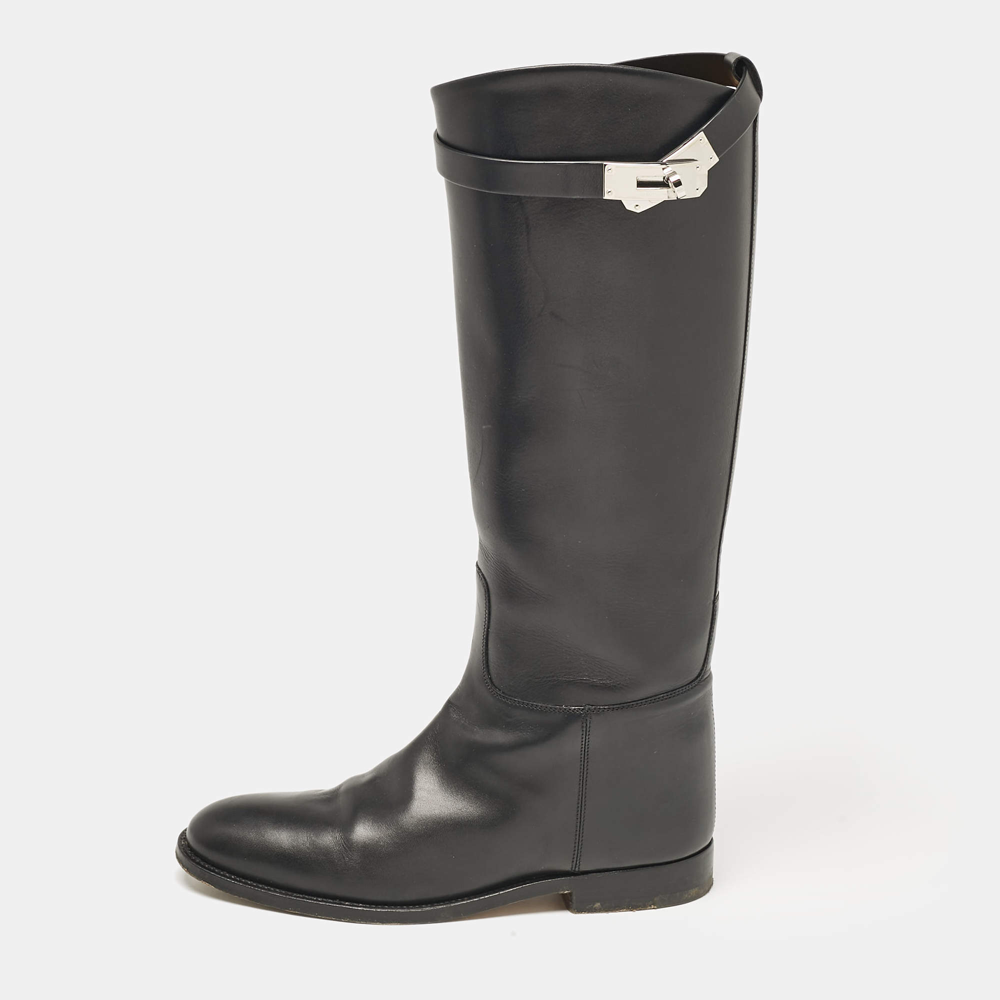 Pre Owned Hermes Black Leather Jumping Knee Length Boots Size 38