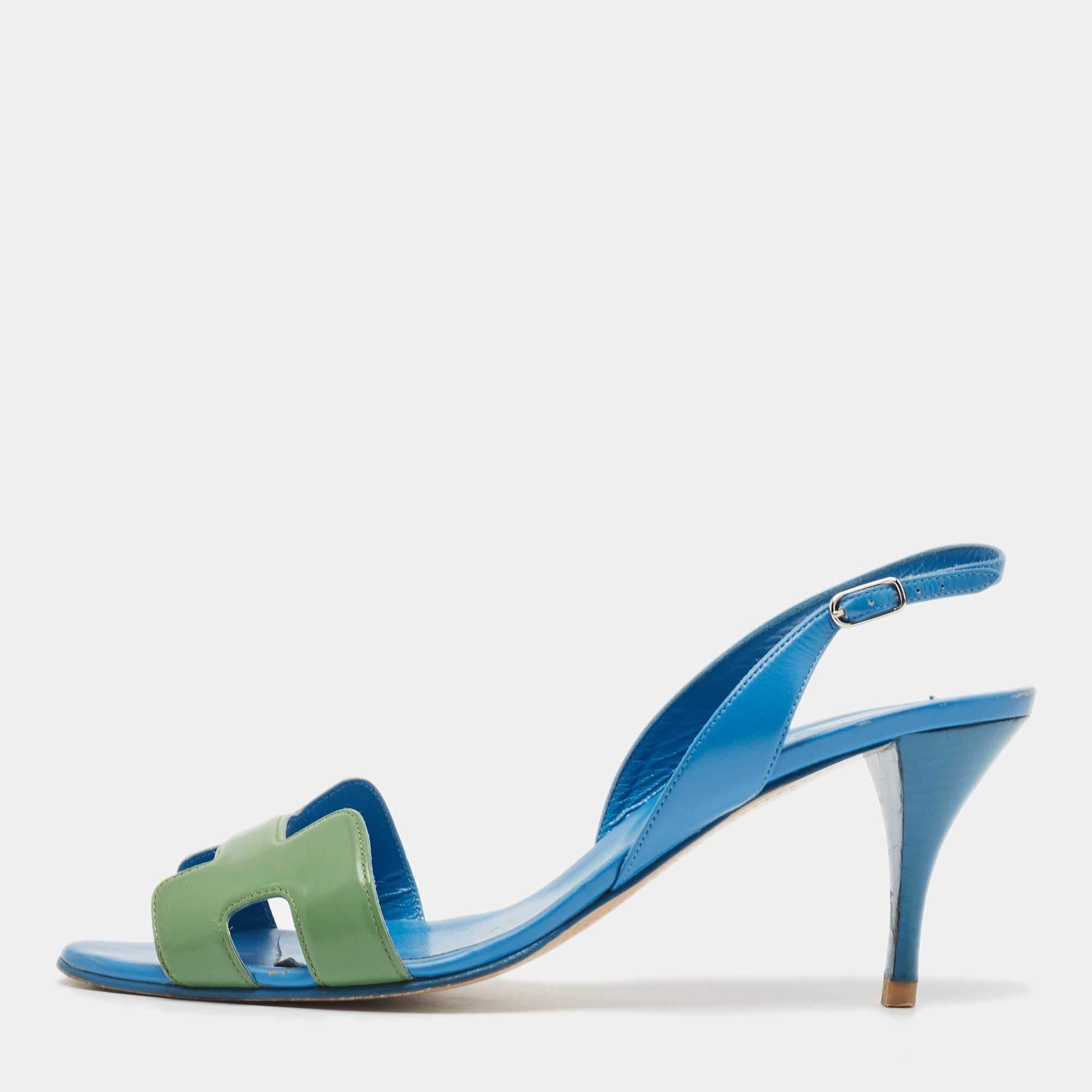 Pre Owned Hermes Blue/Green Leather Night Slingback Sandals Size 41