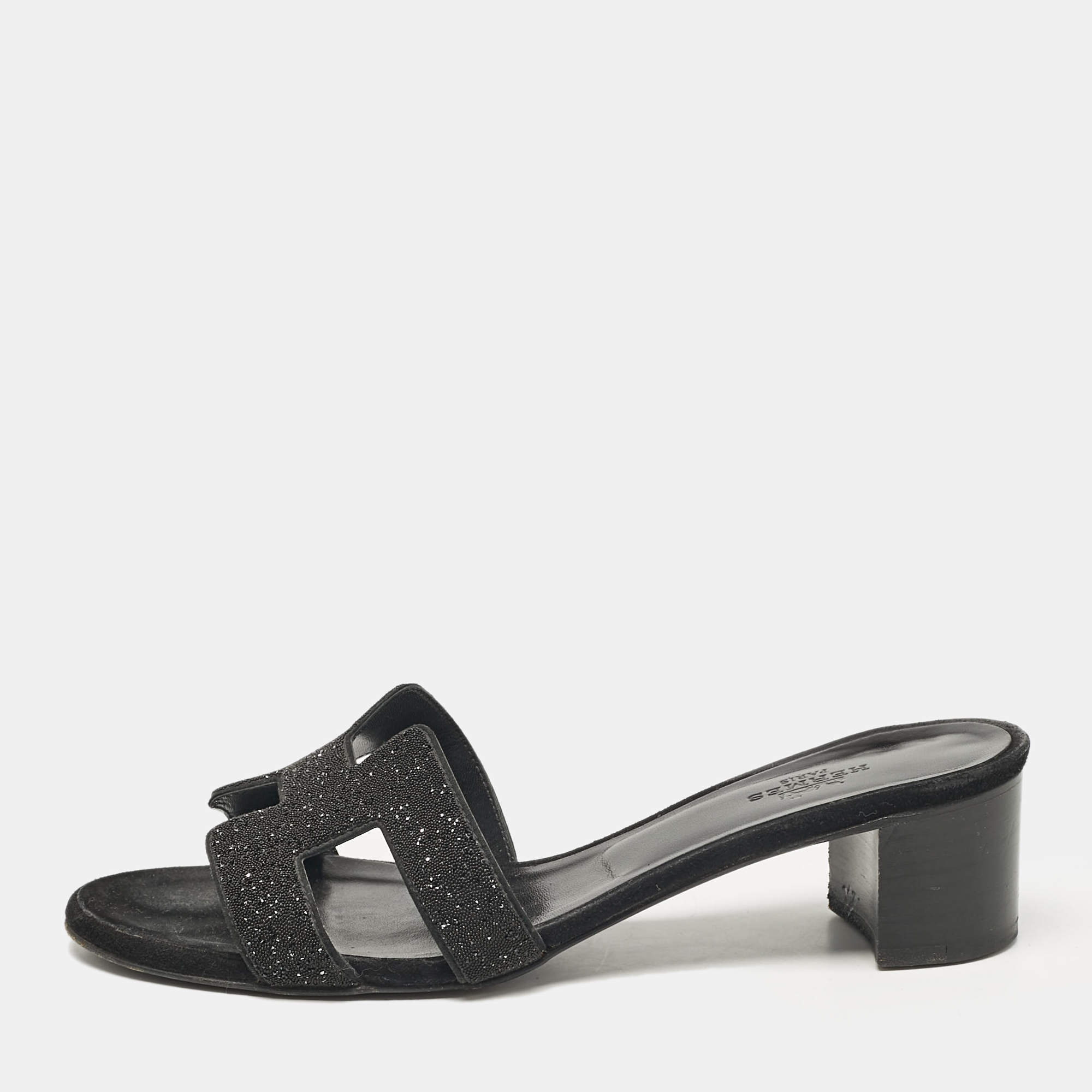 Hermes Black Glitter and Suede Oasis Slide Sandals Size 36.5