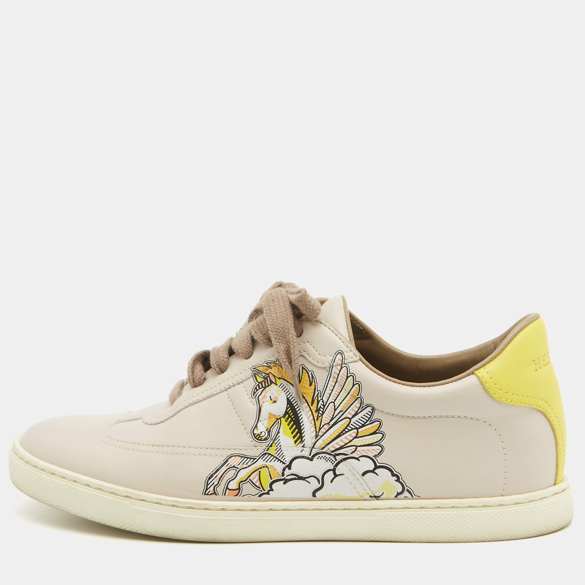 Pre Owned Hermes Beige Leather Quicker Lace Up Sneakers Size 37